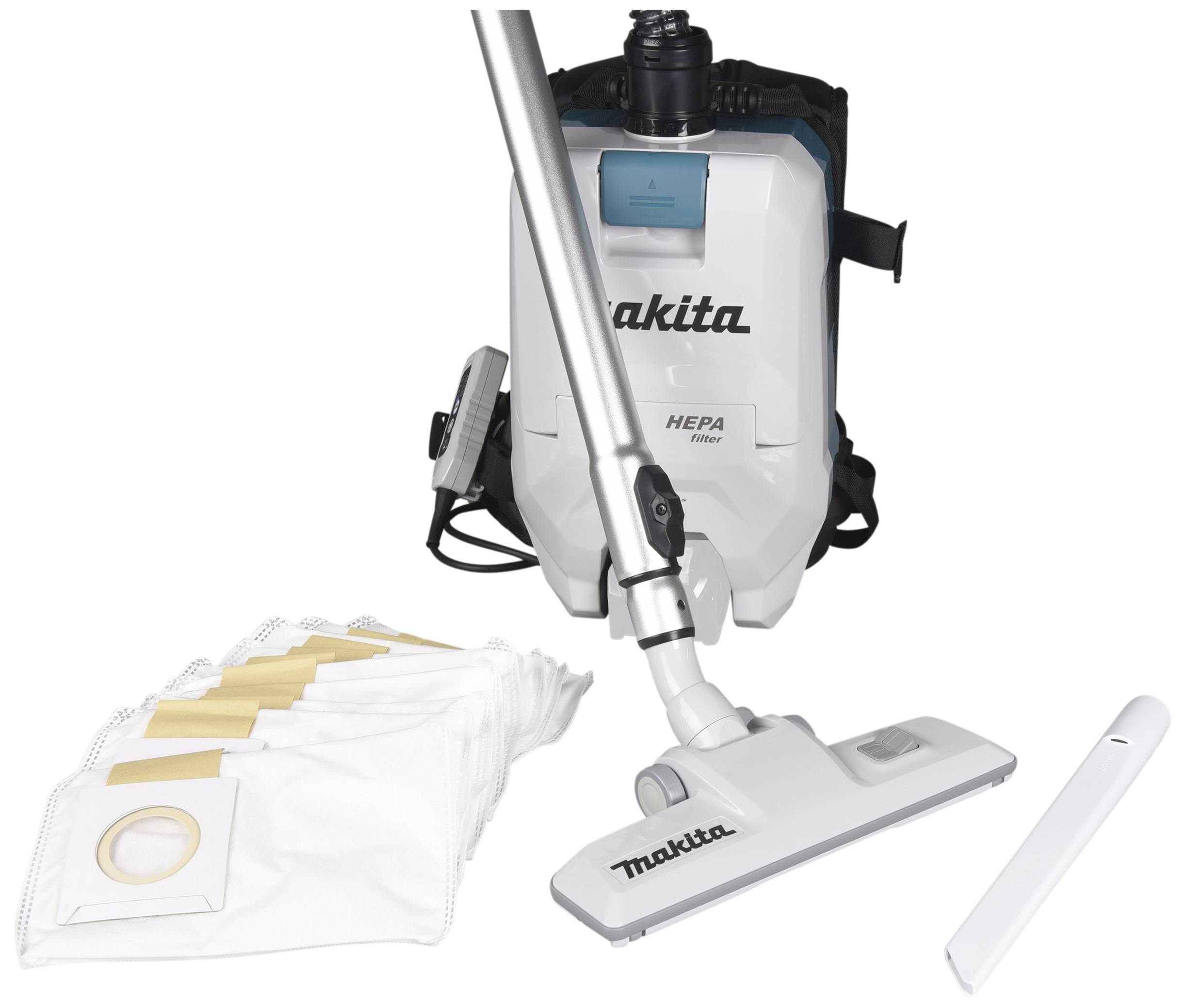 Akku-Rucksack-Staubsauger mit Zubehör: Saugschlauch, Staubbeutel und Düse, geeignet für kabelloses Reinigen unterwegs.