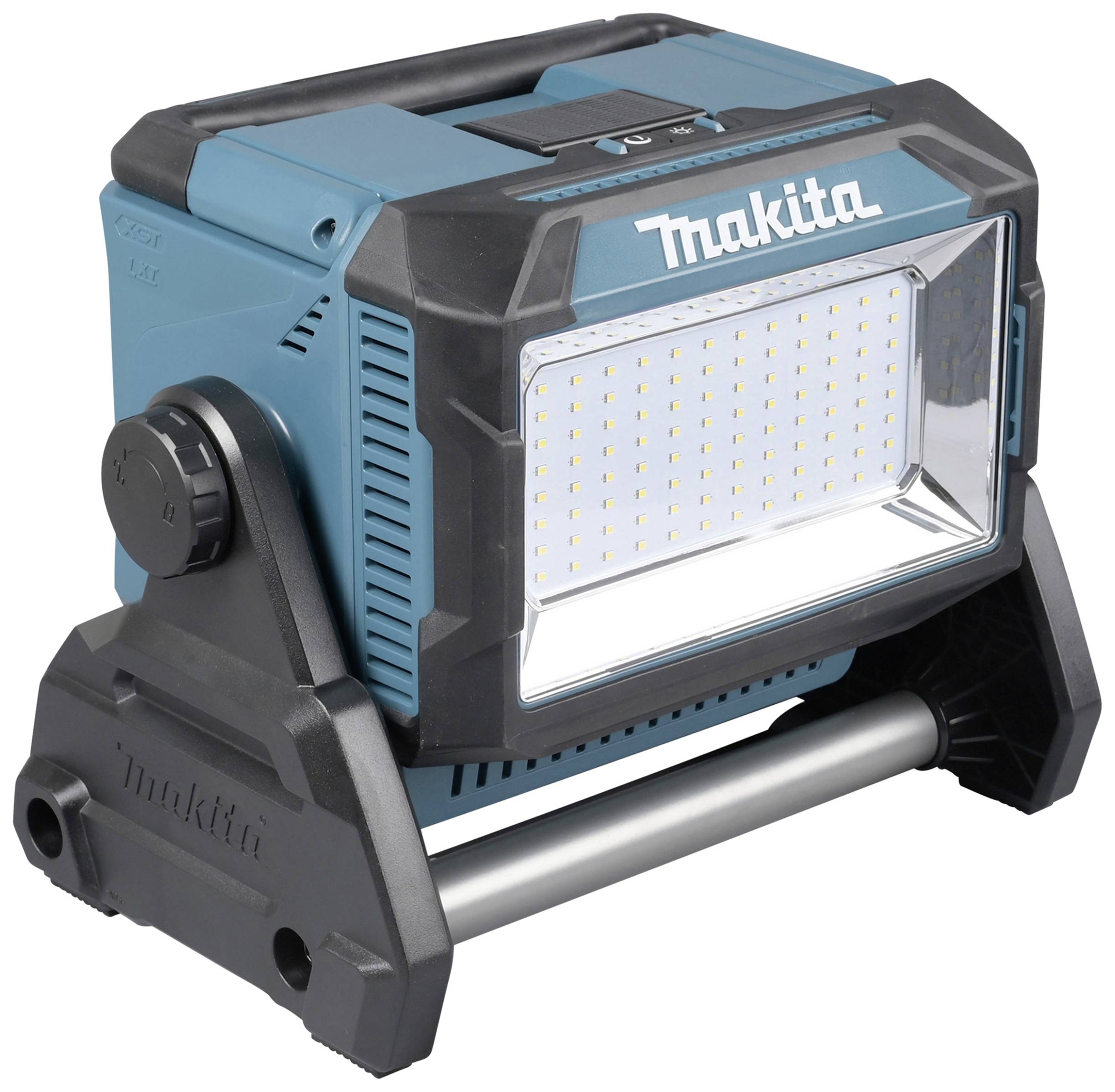 Baustellenleuchte von Makita, blau-schwarz, mit Standfuß und LED-Lichtpaneel, geeignet für den professionellen Einsatz auf Baustellen.