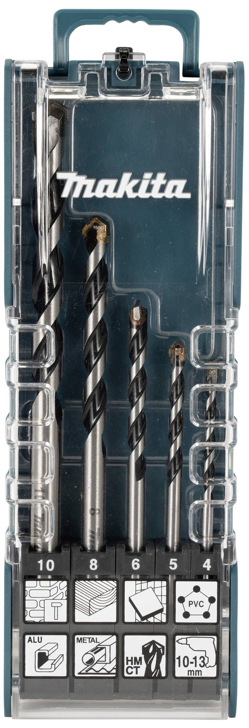 Ein Bohrer-Set in einer transparenten Box. Es enthält verschiedene Bohrergrößen, geeignet für Materialien wie Beton, Holz und Metall.
