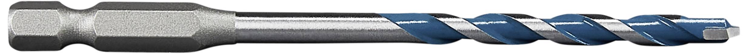 Bohrer mit grauem Schaft und blauem Spiralbohrer, horizontal ausgerichtet.