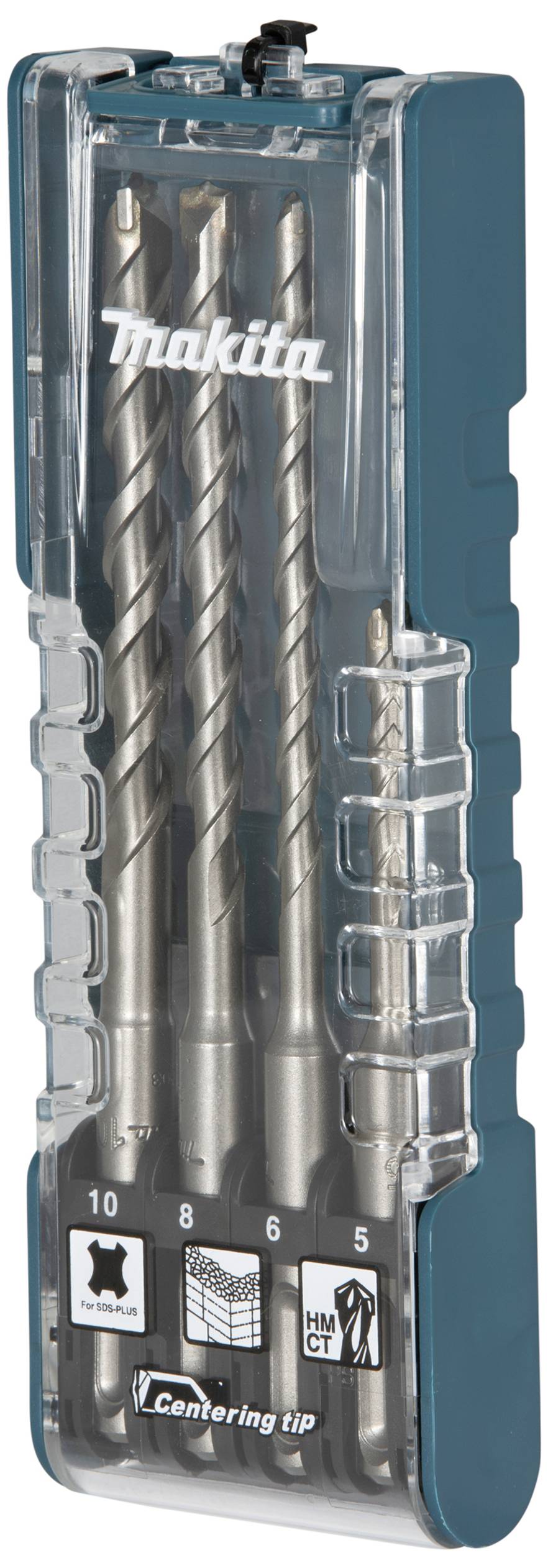Drei Metallbohrer in einer durchsichtigen Schachtel der Marke Makita, in den Größen 10, 8 und 6 mm. Eignungssymbole für Beton, Stein und Holz.