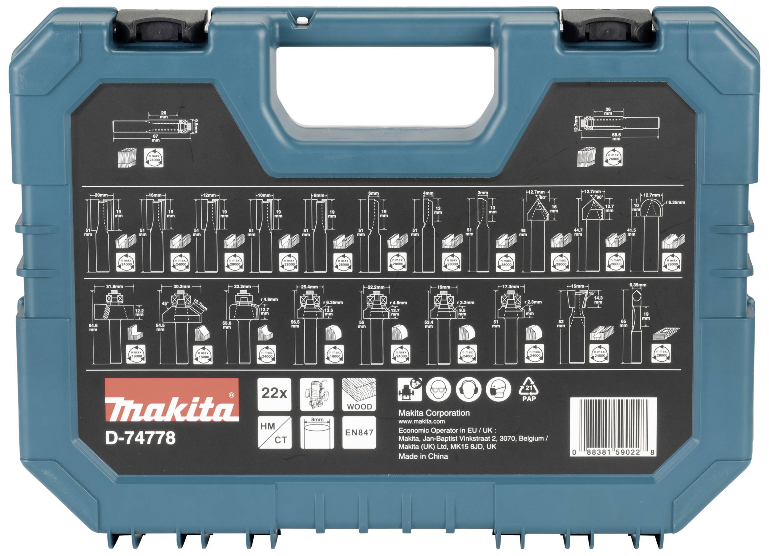 'Makita Werkzeugkoffer D-74778' mit Bildern für Schrauberauswahl und Etikett mit Produktinformationen.