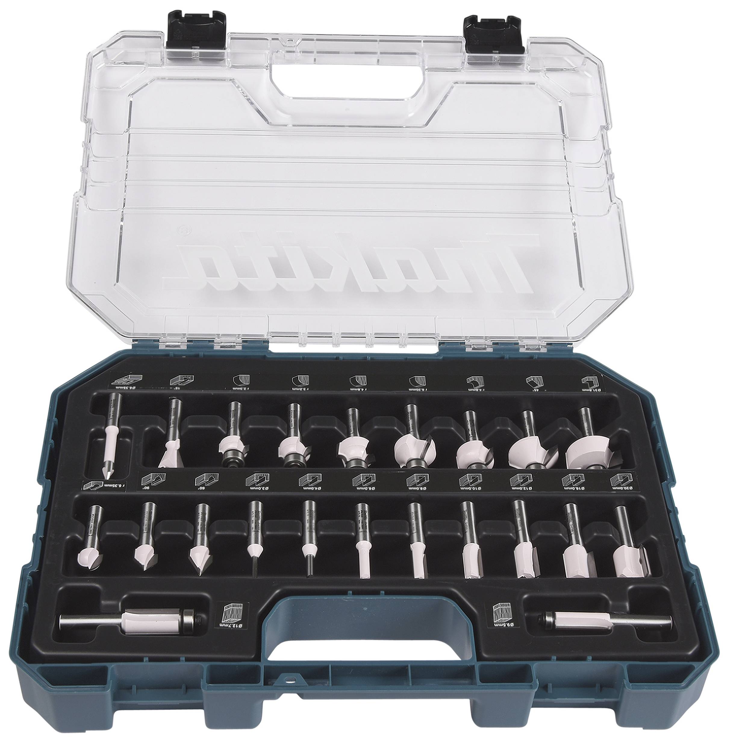 Ein offener Koffer mit einem Set aus verschiedenen Bohrköpfen und Bits, sorgfältig angeordnet in einem Einsatz.