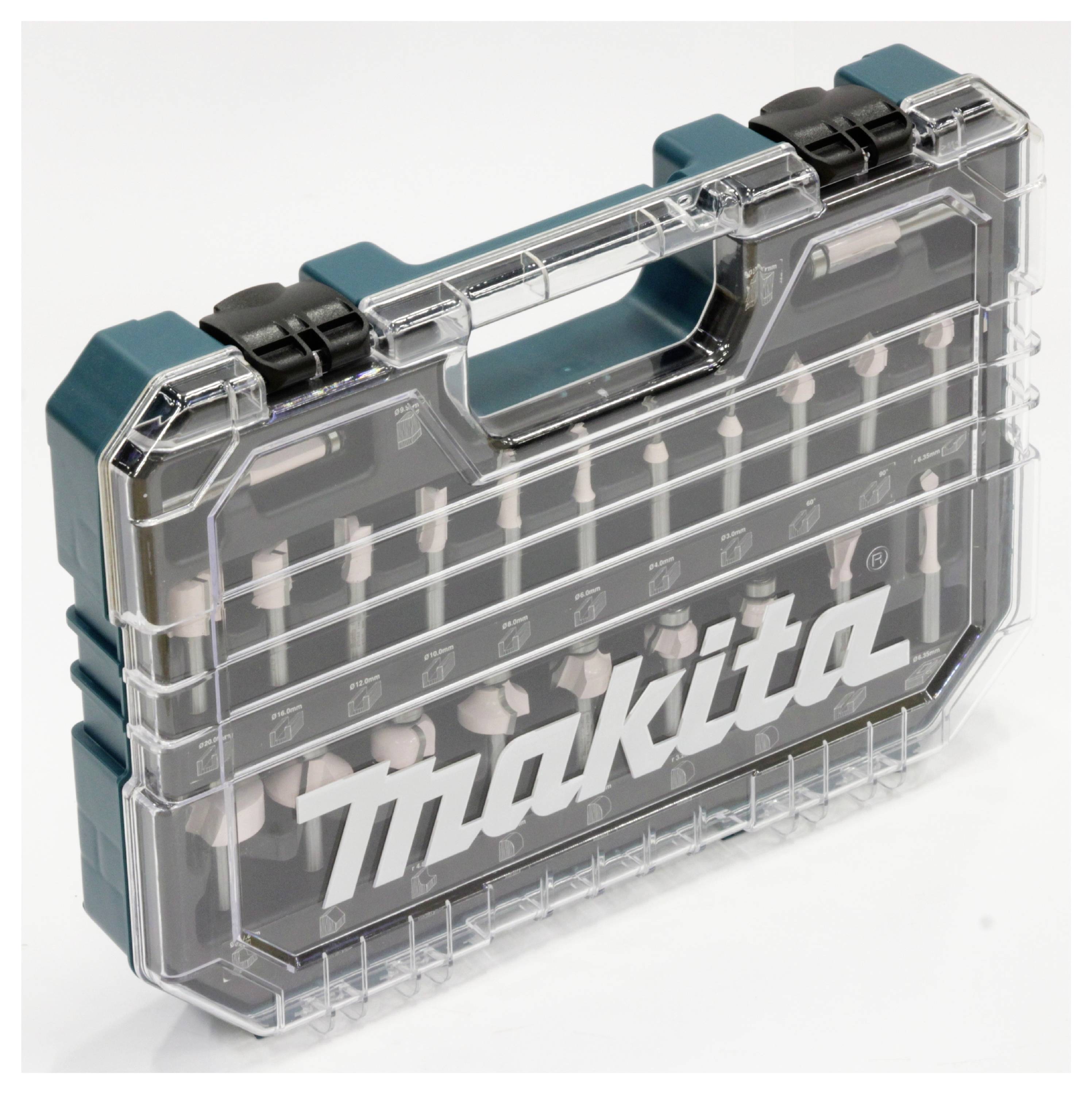 Ein transparenter Werkzeugkoffer mit dem Schriftzug 'Makita', gefüllt mit mehreren Bits und Bohrschraubern.