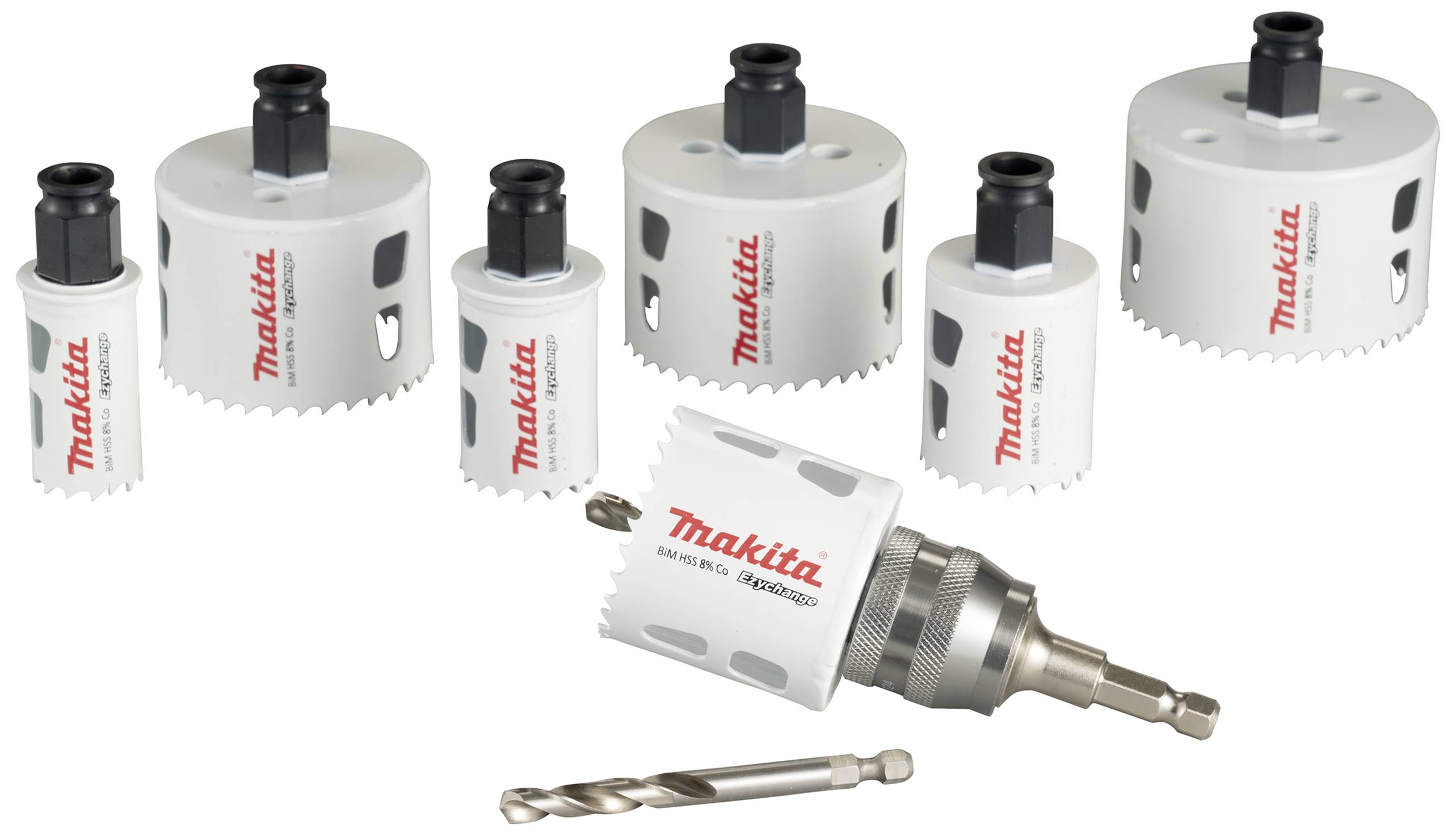 Bohrer-Set mit verschiedenen Lochsäge-Aufsätzen von Makita und einem Bohrer. Perfekt zum Bohren von Löchern in unterschiedliche Materialien.