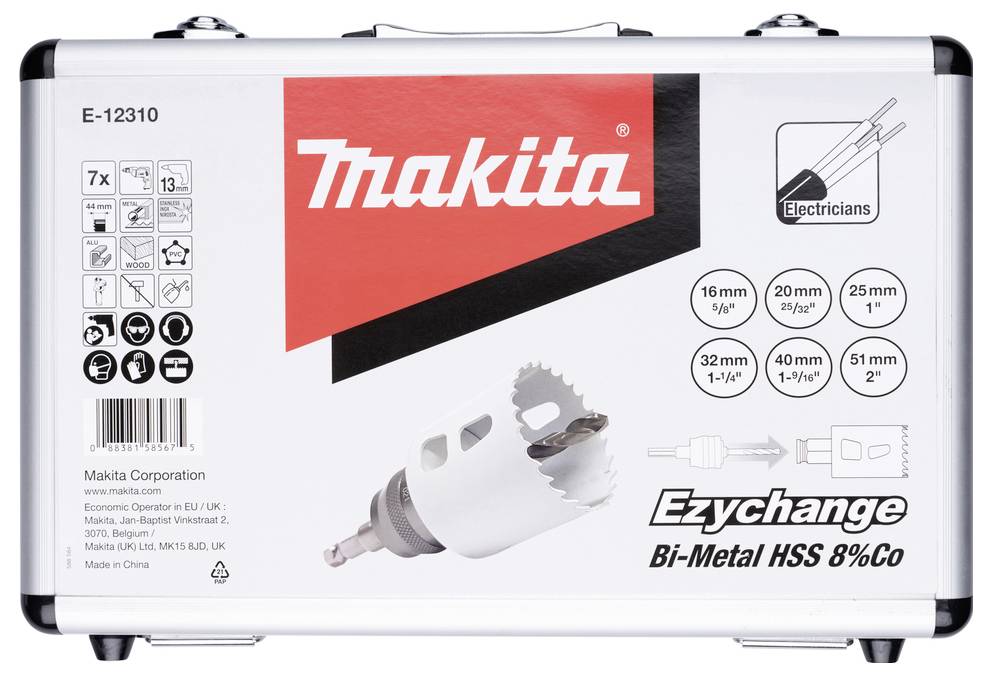 Ezychange Bi-Metall HSS 8% Co Lochsägen-Set Koffer mit verschiedenen Bohrergrößen, beschriftet, mit Logo und für Elektriker konzipiert.