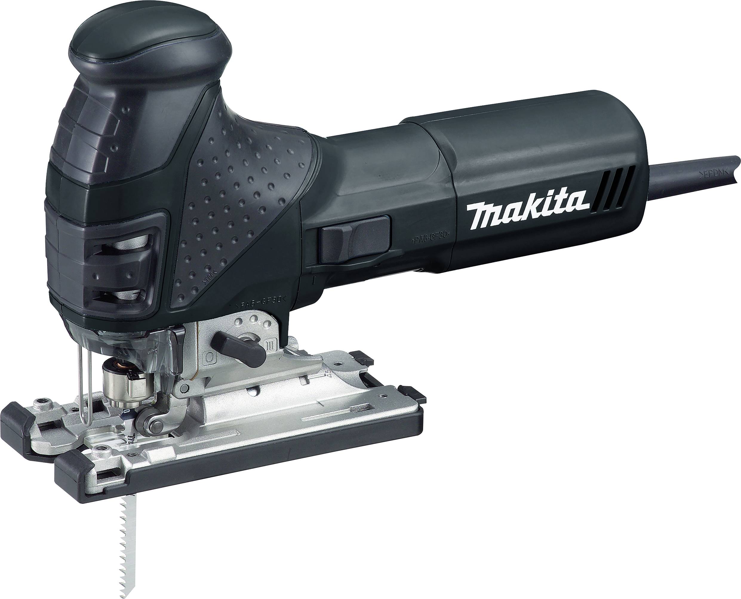 Eine schwarze Makita Stichsäge mit einem robusten Griff, Netzkabel und scharfer Klinge, die für präzise Schneidaufgaben entwickelt wurde.