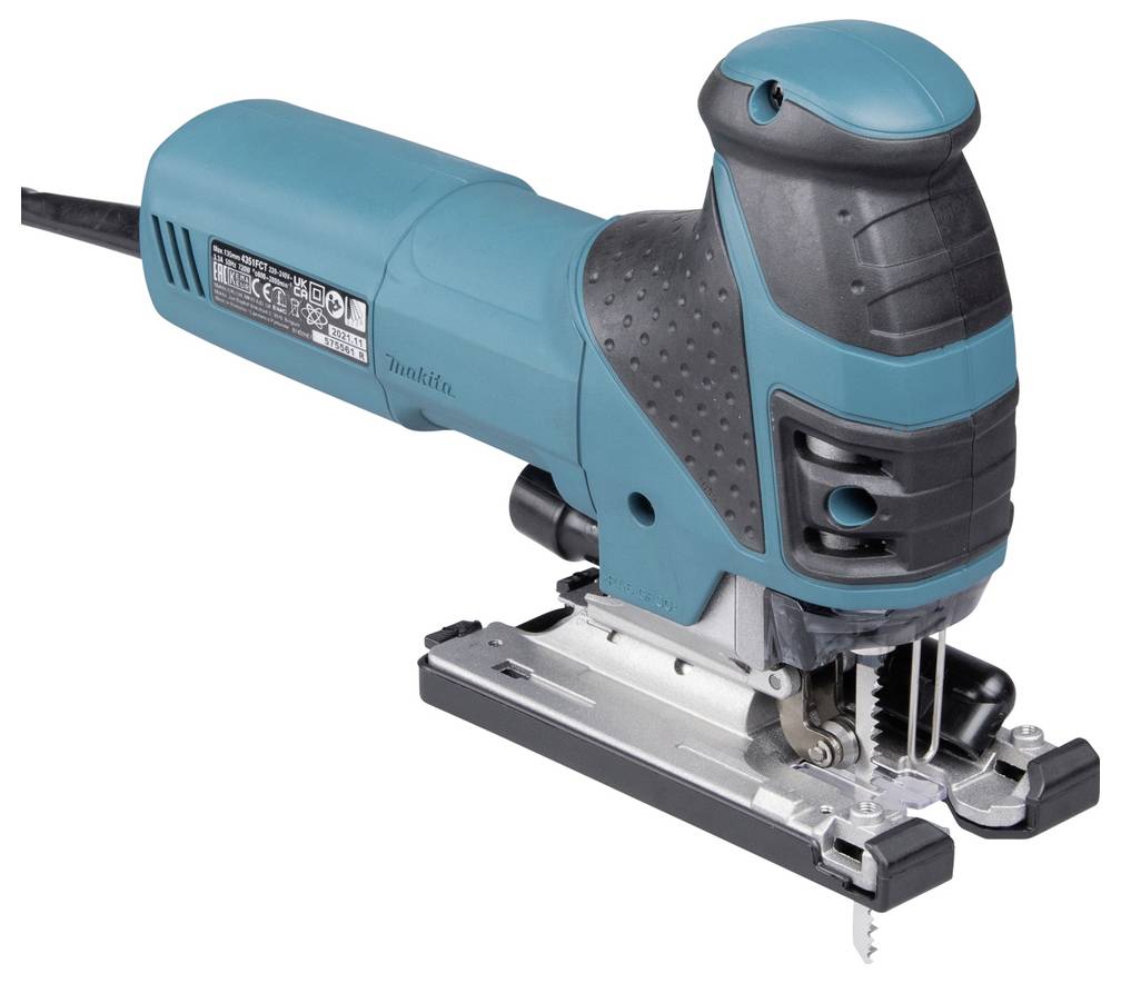 Eine blaue und schwarze elektrische Stichsäge mit Netzkabel und Metallklinge, verwendet zum Schneiden von Formen in Holz, Metall oder Kunststoffmaterialien.
