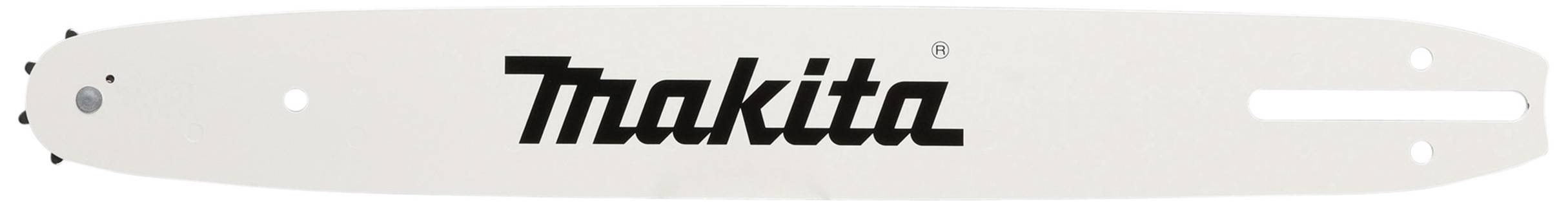 Kettensägeschwert mit 'Makita' Logo, weiß, mit Befestigungslöchern und Führungsspur für die Kette.