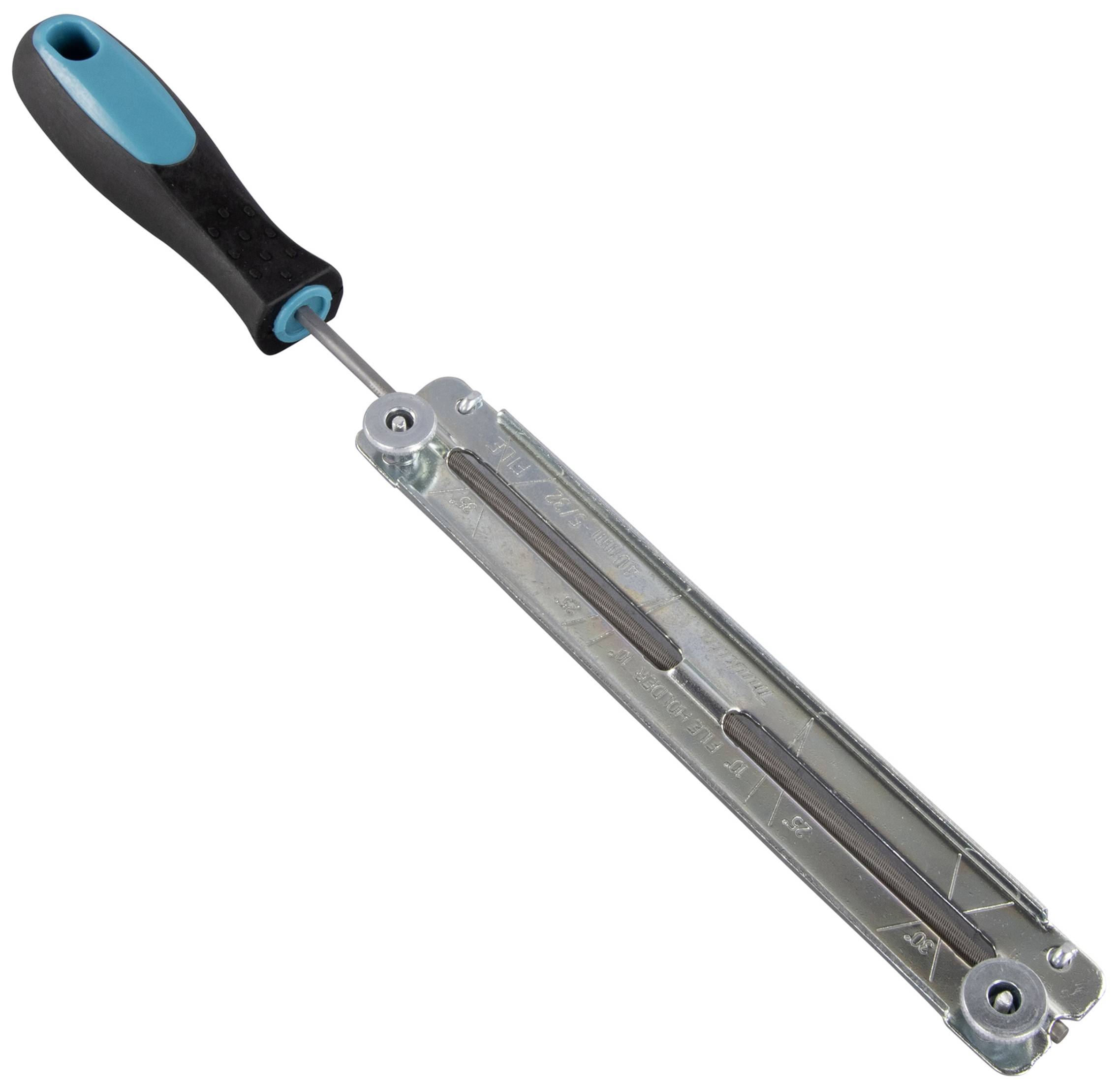 Werkzeug mit schwarzem Griff, Metallstange und einstellbaren Spannarmen; verwendet zum Schärfen von Kettensägenketten.