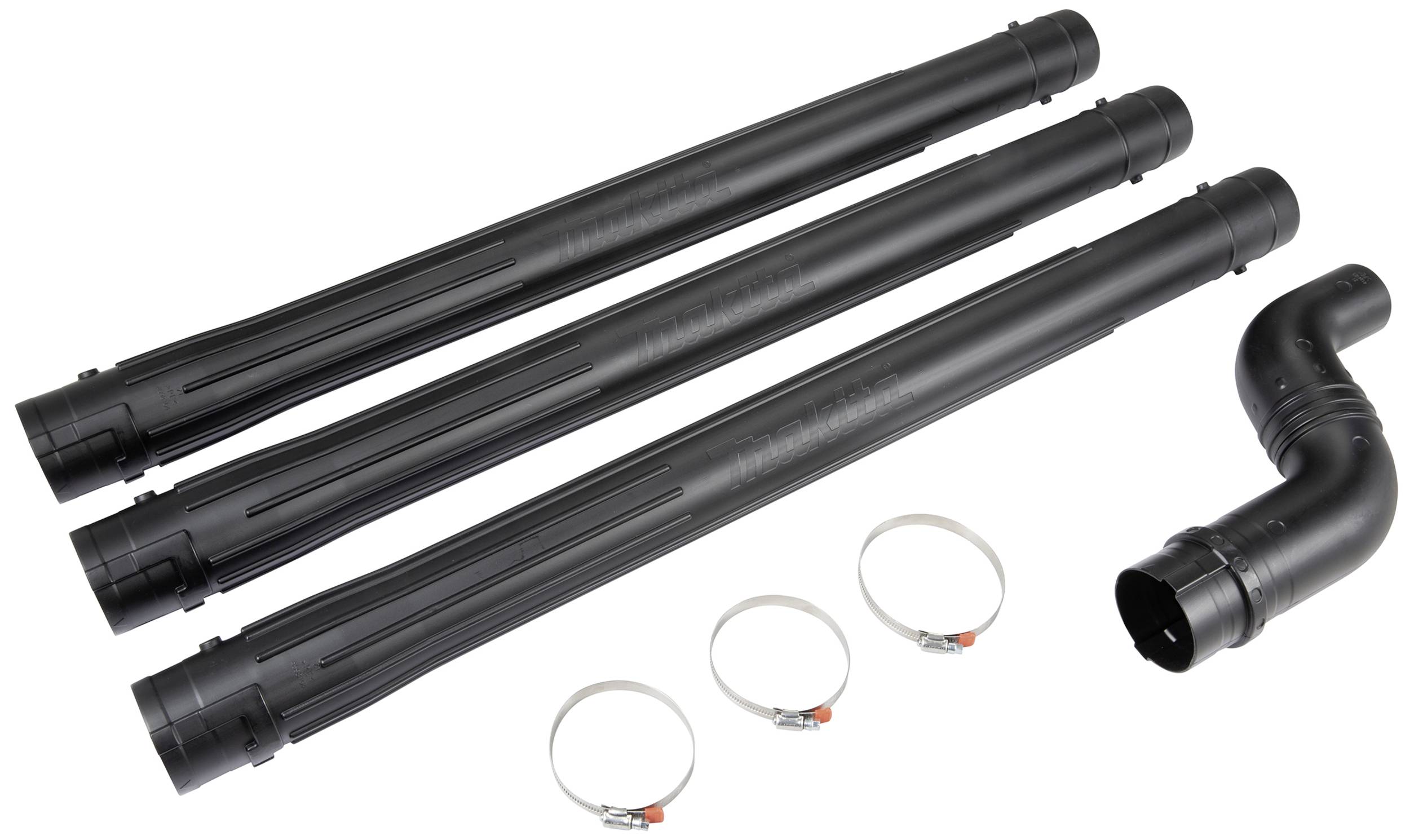 Drei schwarze Kunststoffrohre, ein 90-Grad-Bogenrohr, vier Metallschellen; Zubehör für ein Abluftsystem.