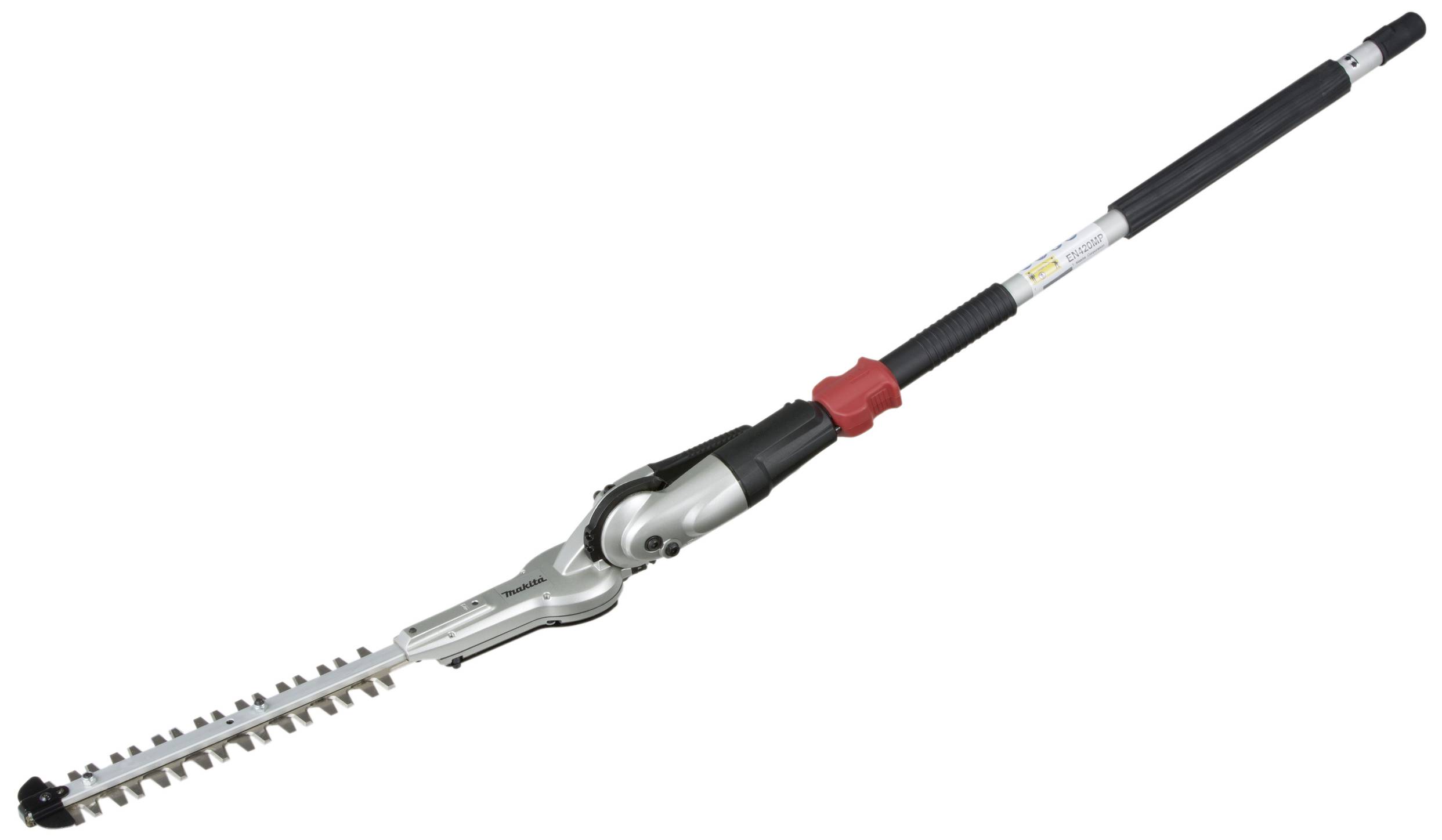 Langstielige Heckenschere mit verstellbarem Kopf, geeignet für hohe oder schwer erreichbare Hecken. Schwarzer Griff mit roten Akzenten.