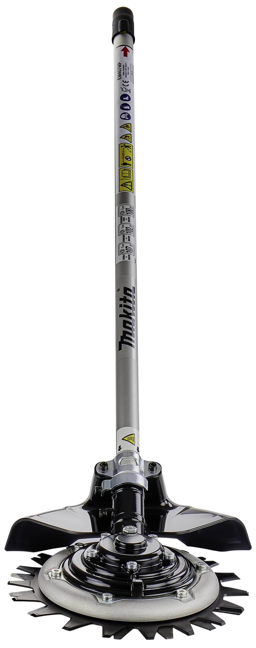 Ein Trimmeraufsatz mit einem Metallblatt und langem Griff, geeignet für Rasentrimmen und Unkrautentfernung in Gärten.