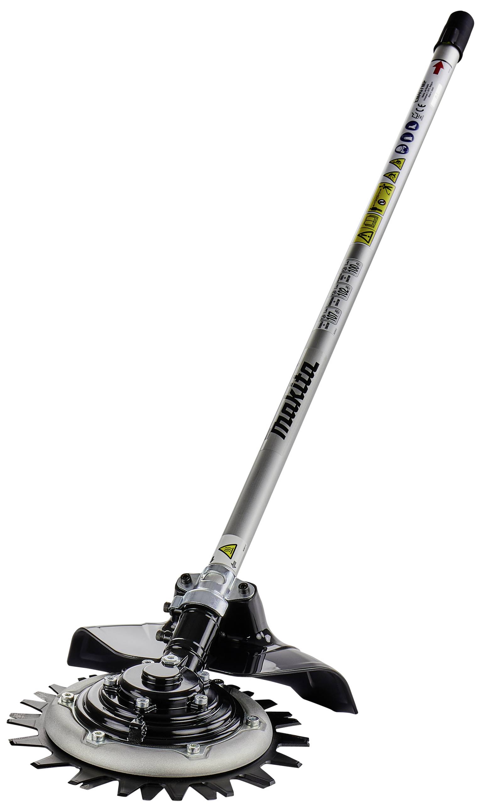 Rasentrimmer-Aufsatz mit Metallzähnen und langem Griff, geeignet zum Schneiden dichter Grasflächen.