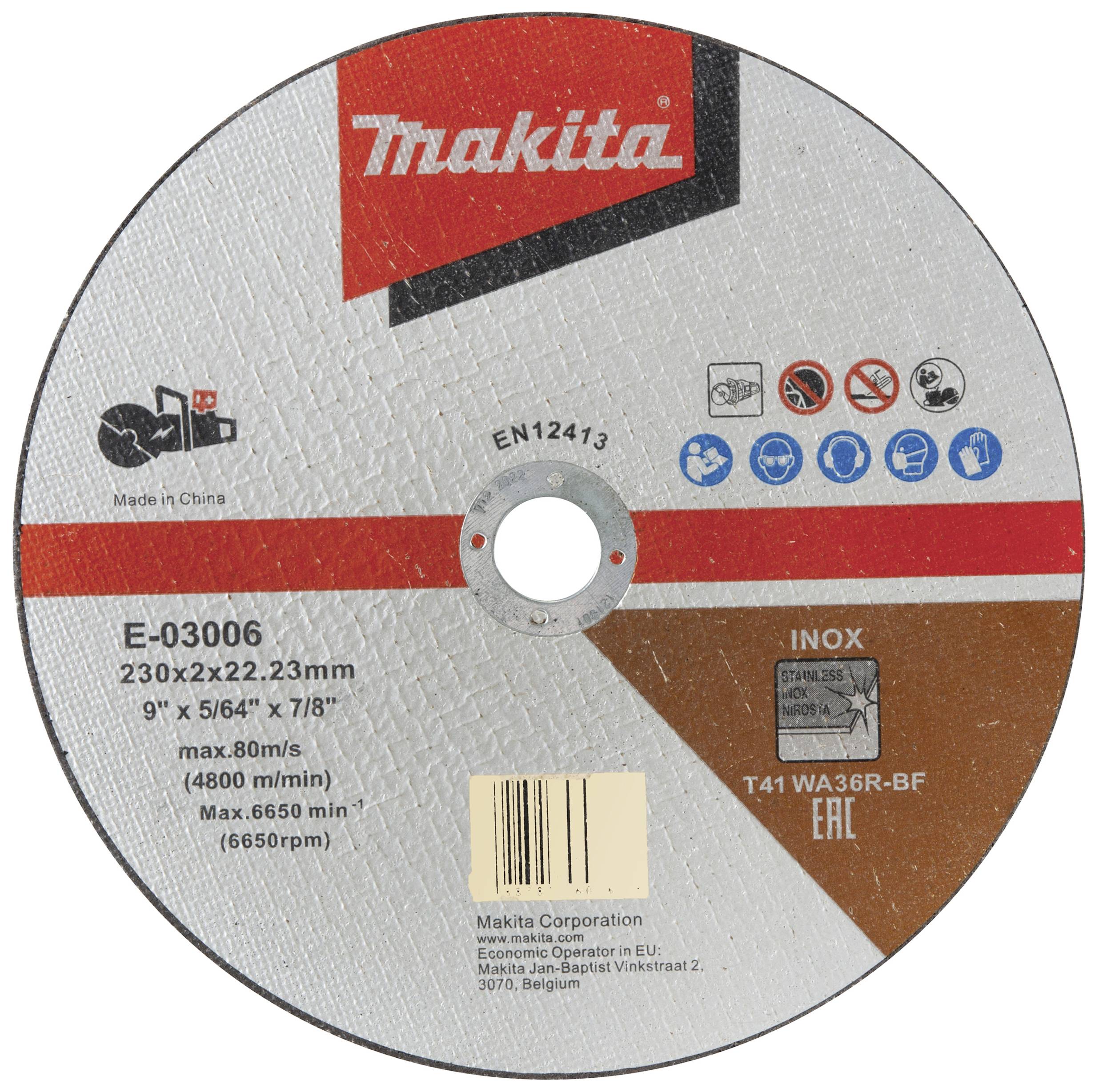 Handschleifscheibe 'Makita' aus Metall für Inox, Durchmesser 230 mm, maximale Drehzahl 6650 U/min, hergestellt in China.