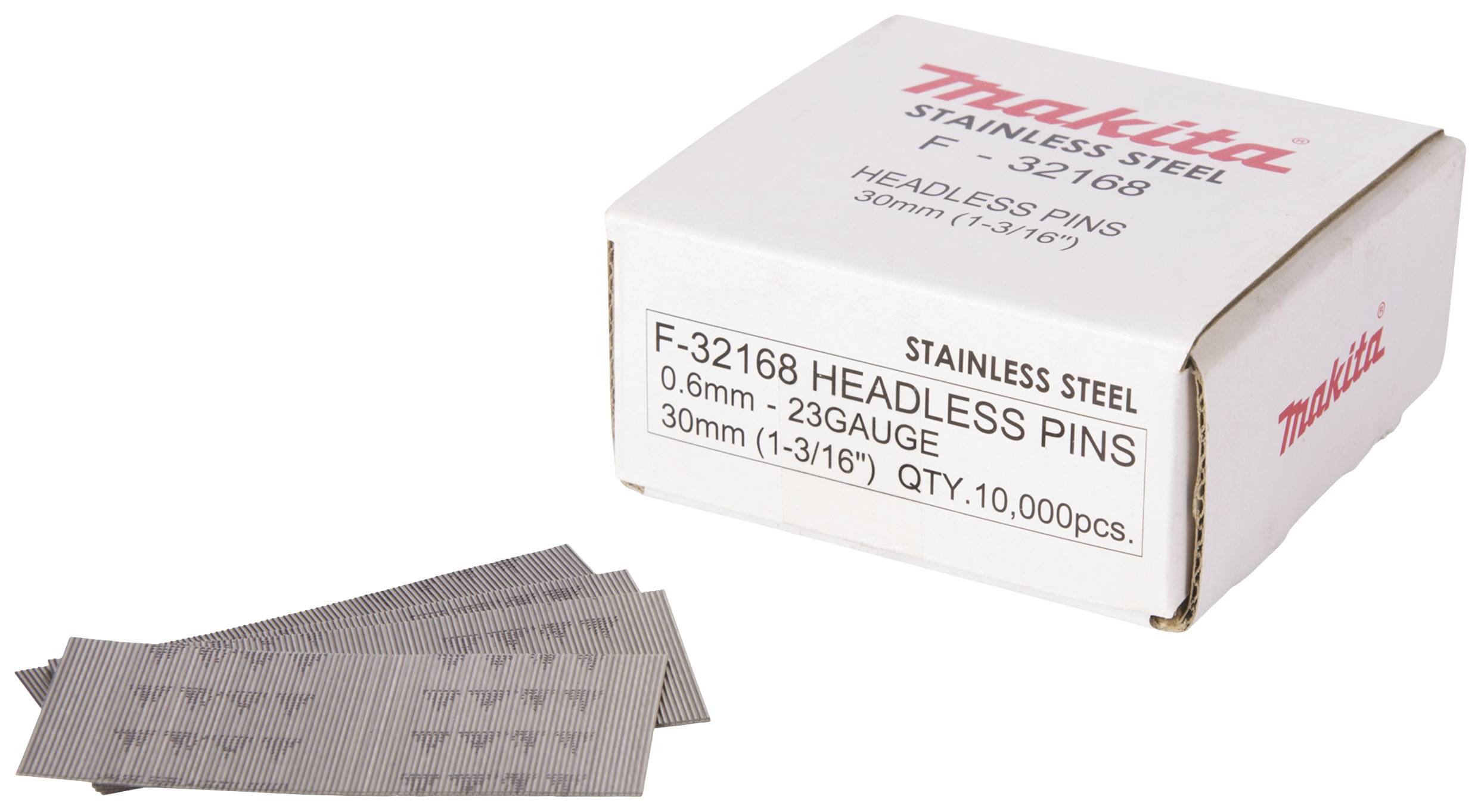Eine weiße Schachtel mit der Aufschrift 'Makita Stainless Steel F-32168 Headless Pins 0,6mm - 23GAUGE, 30mm (1-3/16