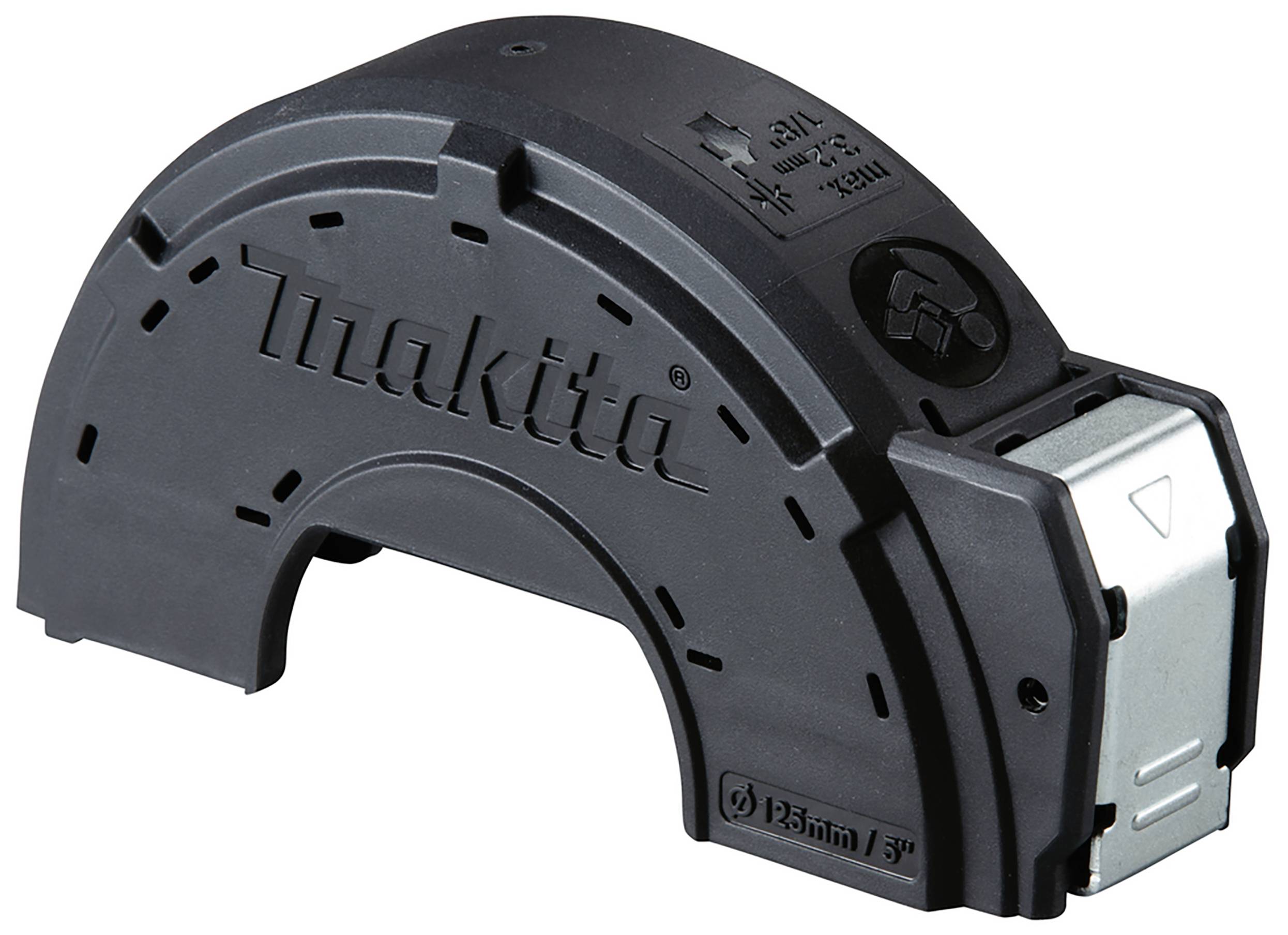 Abdeckung für Winkelschleifer, schwarz mit Markenname und Symbolen. Geeignet für 125mm Schleifscheiben.