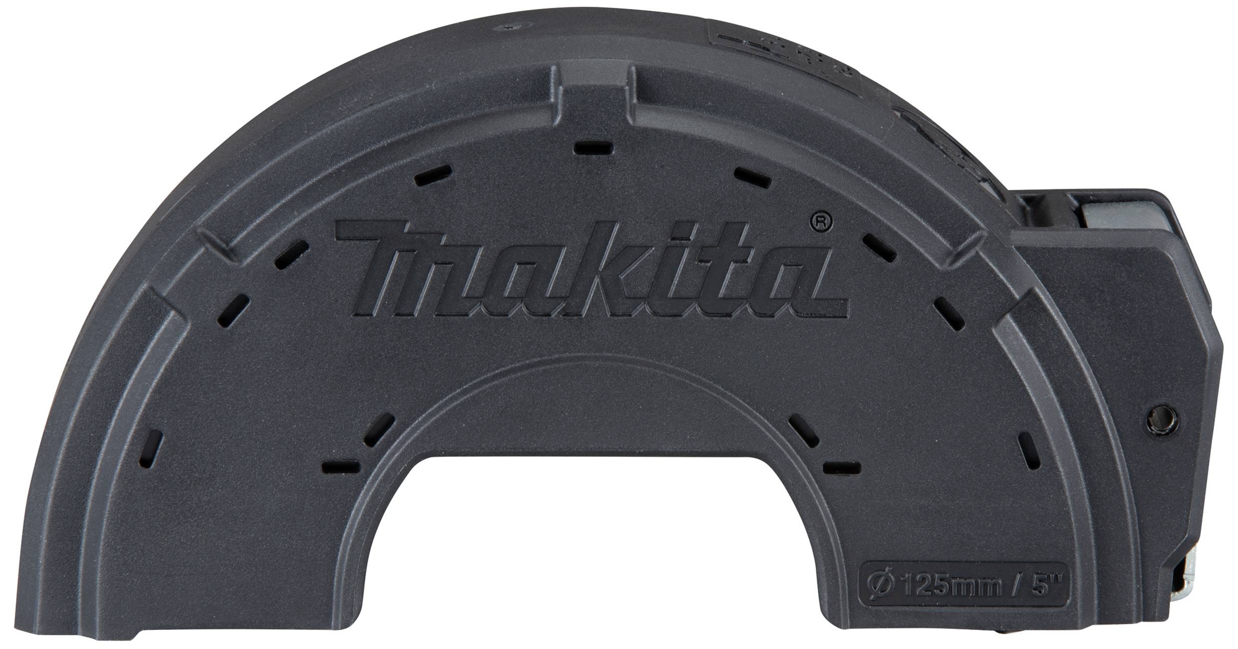 Staubsaugeradapter von Makita, dunkelgrau, gebogenes Design, für Werkzeuge mit einem Durchmesser von 125 mm.
