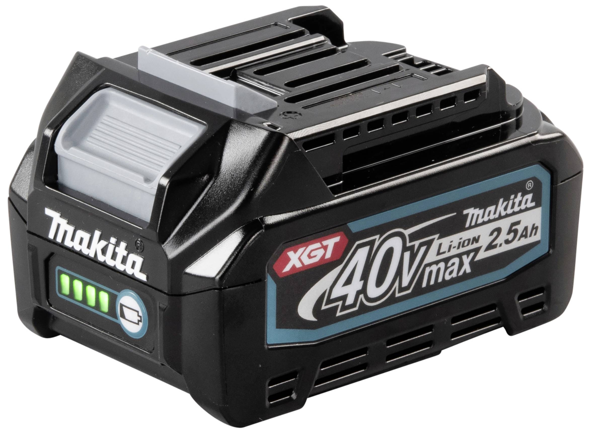 Makita 40V Max 2,5Ah Lithium-Ionen-Akku, zeigt Ladestatus mit grünen Leuchten.
