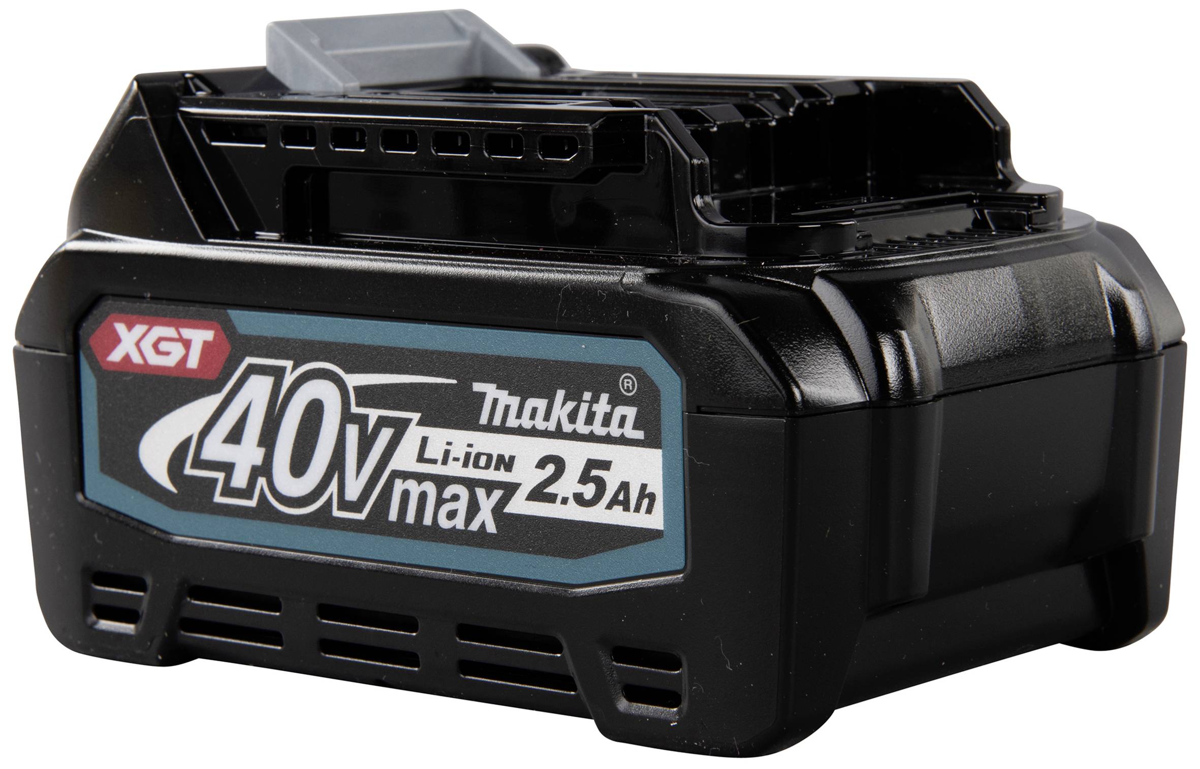 Schwarzer Makita-Akku mit der Aufschrift '40V max 2.5Ah Li-ion'.