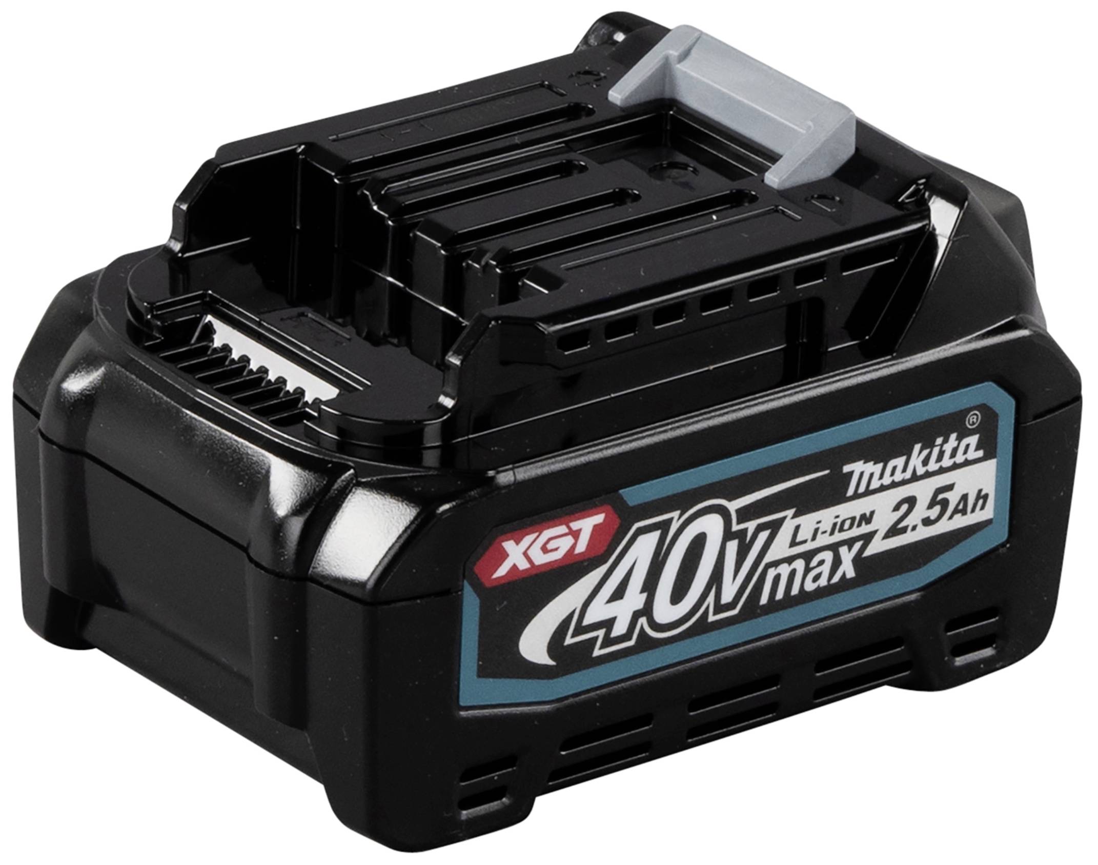 Schwarzer Makita XGT 40V Li-Ion Akku mit 2,5 Ah Kapazität, seitlich beschriftet, geeignet für Garten- und Elektrowerkzeuge.