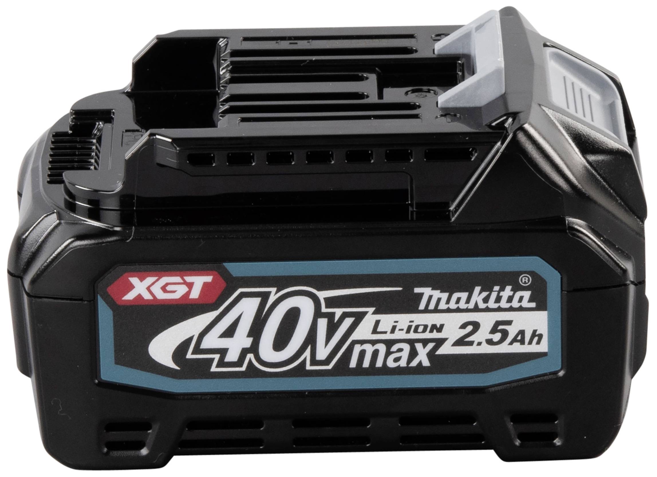 Makita XGT 40V Max Lithium-Ionen-Akku, 2,5Ah. Schwarzes Gehäuse mit blauen und roten Markierungen.