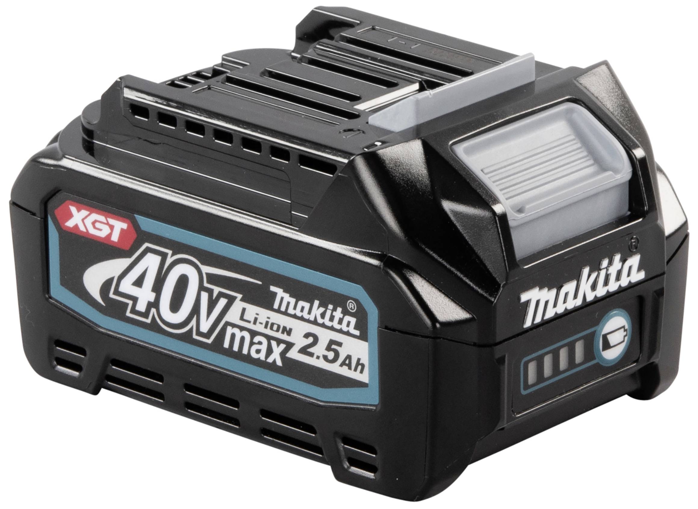 'Makita 40V max 2.5Ah Akkupack' in Schwarz mit blauer Aufschrift und Logo. Kompatibel mit Makita XGT-Werkzeugen für längere Laufzeit.