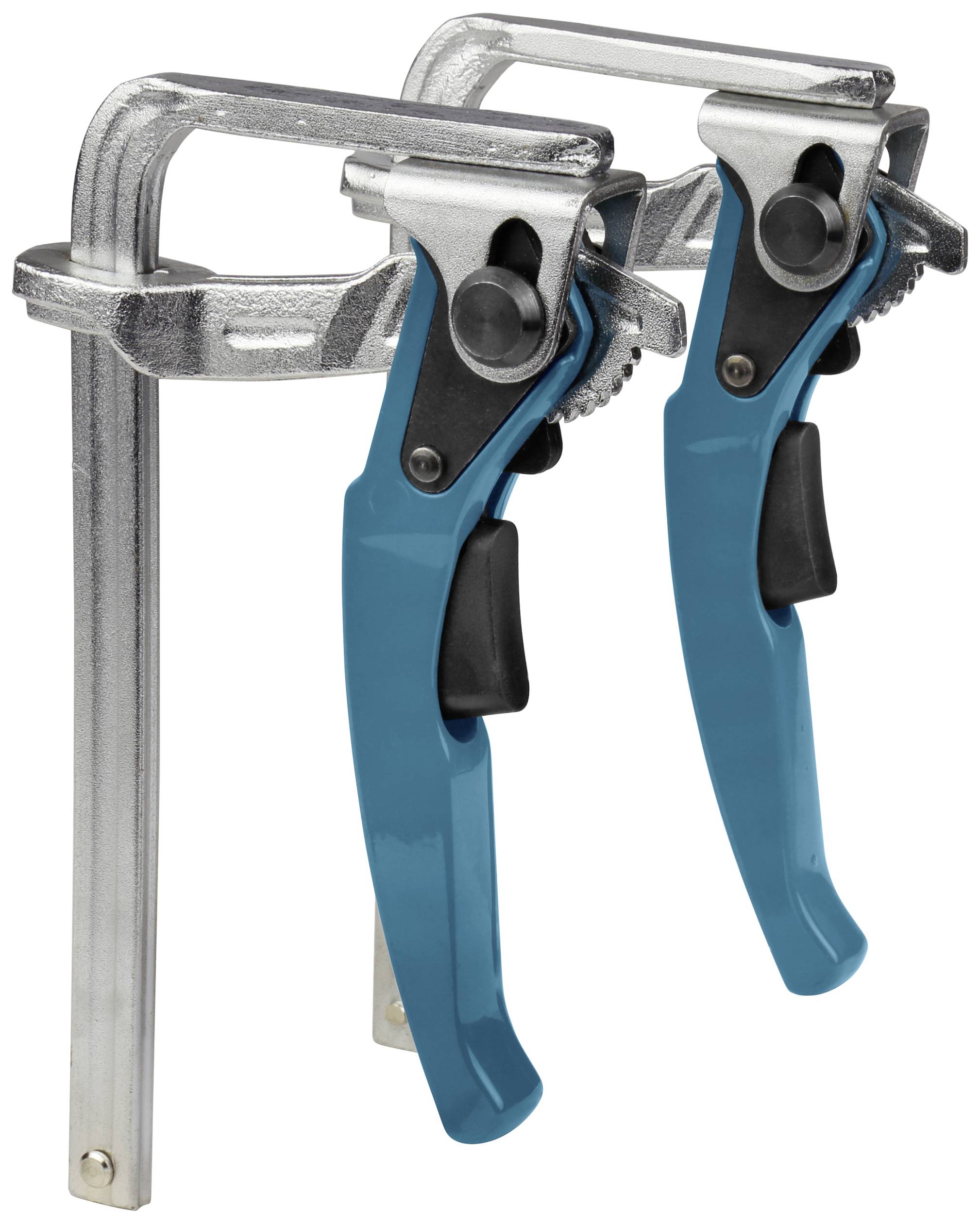 Zwei blaue Schnellspannzwingen aus Metall, nebeneinander stehend, mit schwarzen Griffen und Drehmechanismus zur Fixierung von Werkstücken.