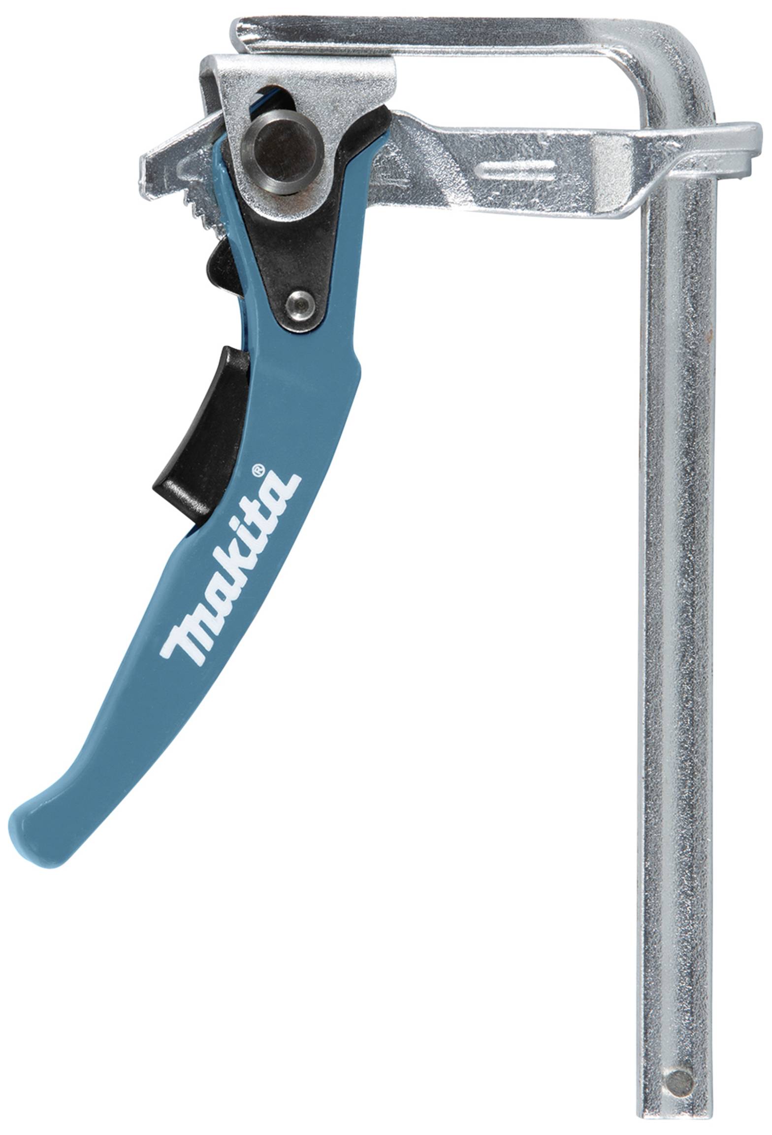 Eine Makita-Klemme in Blau und Metall, verwendet zum Befestigen von Werkstücken in der Holzbearbeitung oder Bauarbeiten.