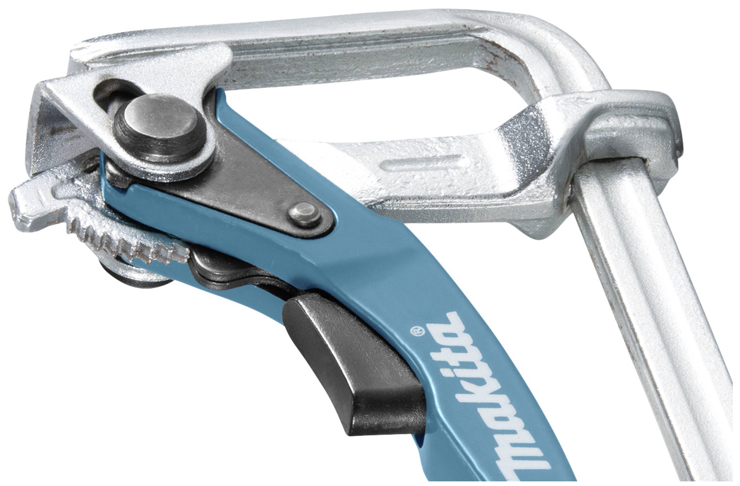 Nahaufnahme eines blauen Makita Bügelsägegriffs mit Metallrahmen und Spannmechanismus.