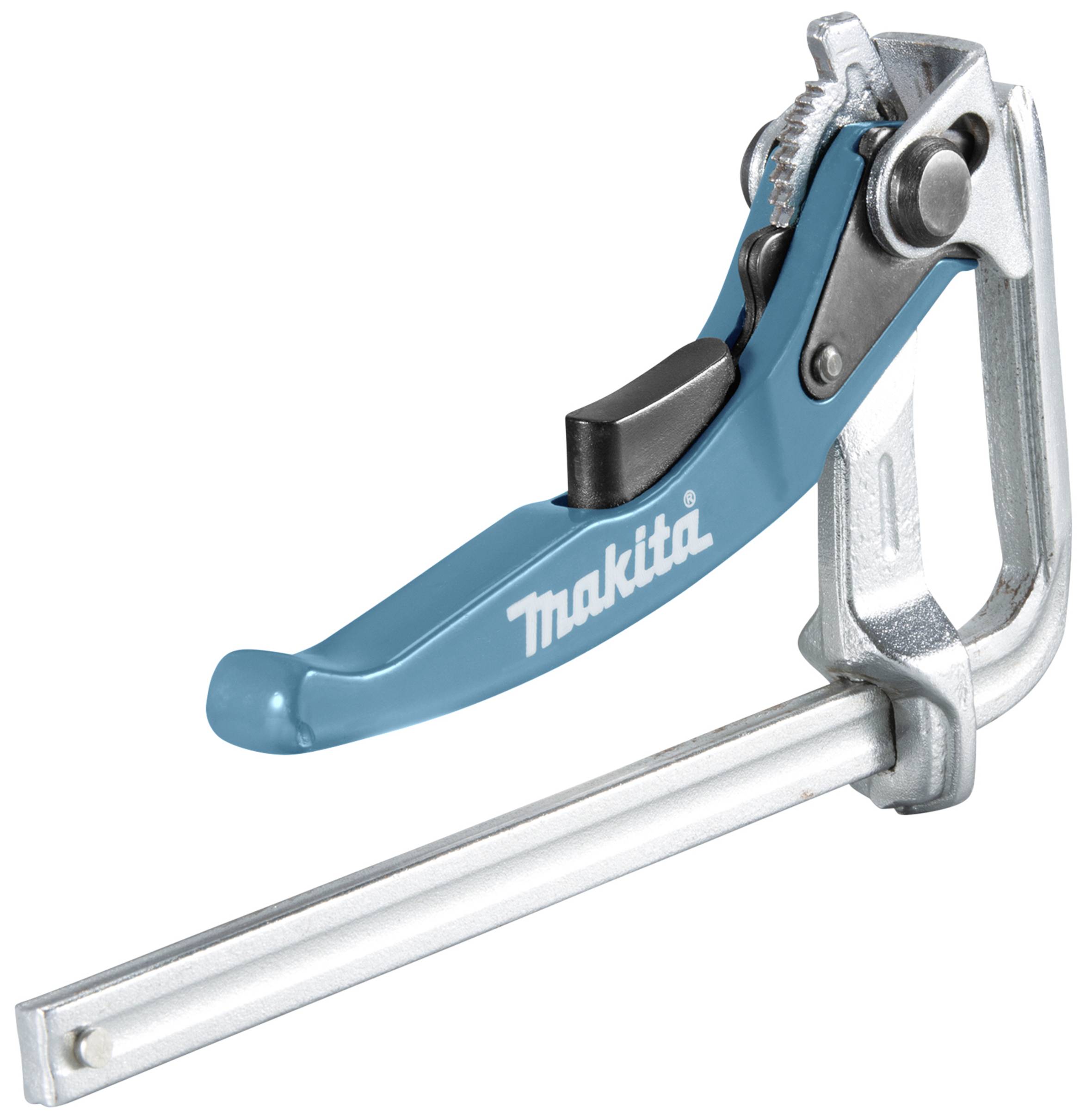 Handschraubzwinge mit blauem Griff und silbernem Metallrahmen, verwendet zum Fixieren von Werkstücken in der Holz- oder Metallbearbeitung.