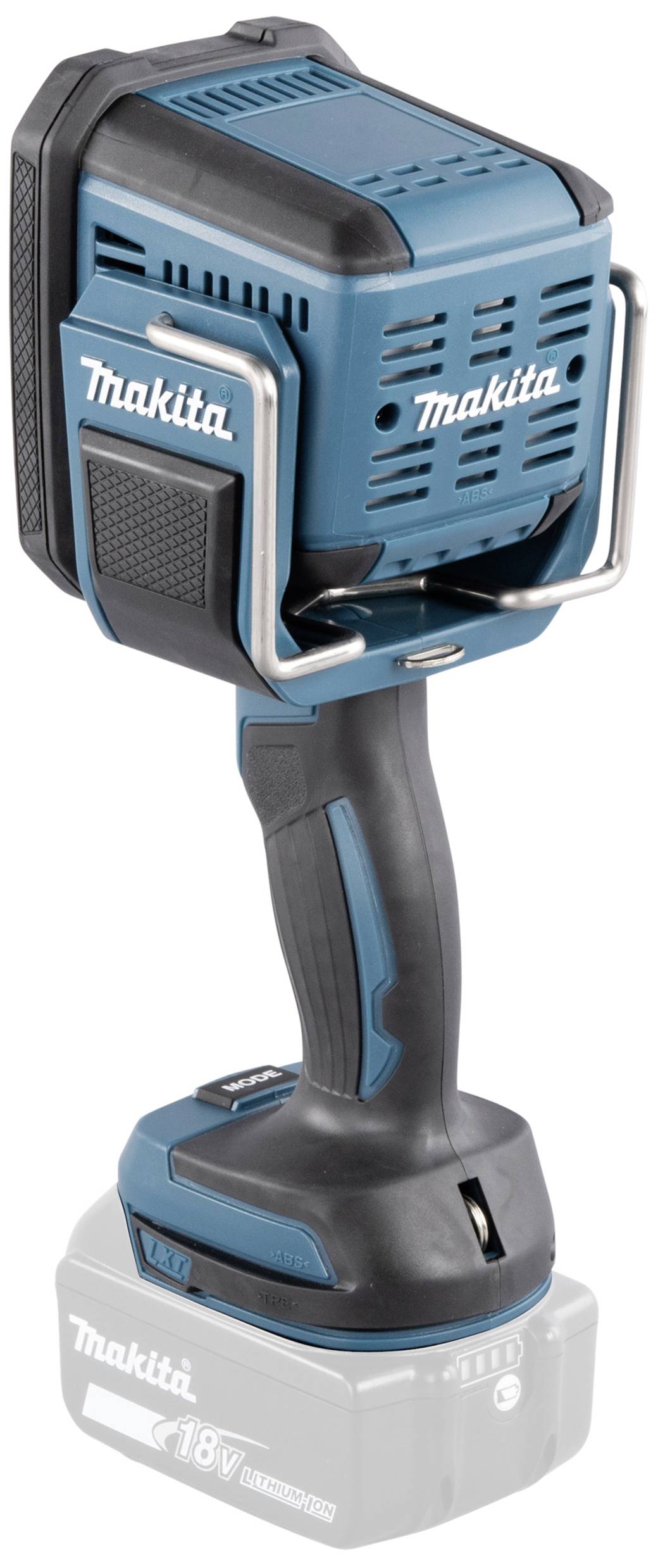 Handscheinwerfer in Blau und Schwarz mit 'Makita'-Aufschrift, robustem Griff und 18V Akku, geeignet für Bau- und Handwerksarbeiten.