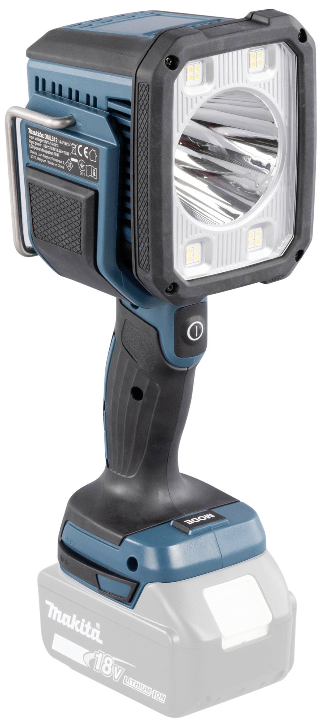 Eine tragbare, blaue LED-Arbeitslampe mit robustem Griff und wiederaufladbarer Batterie, geeignet für Baustellen oder Werkstattarbeiten.
