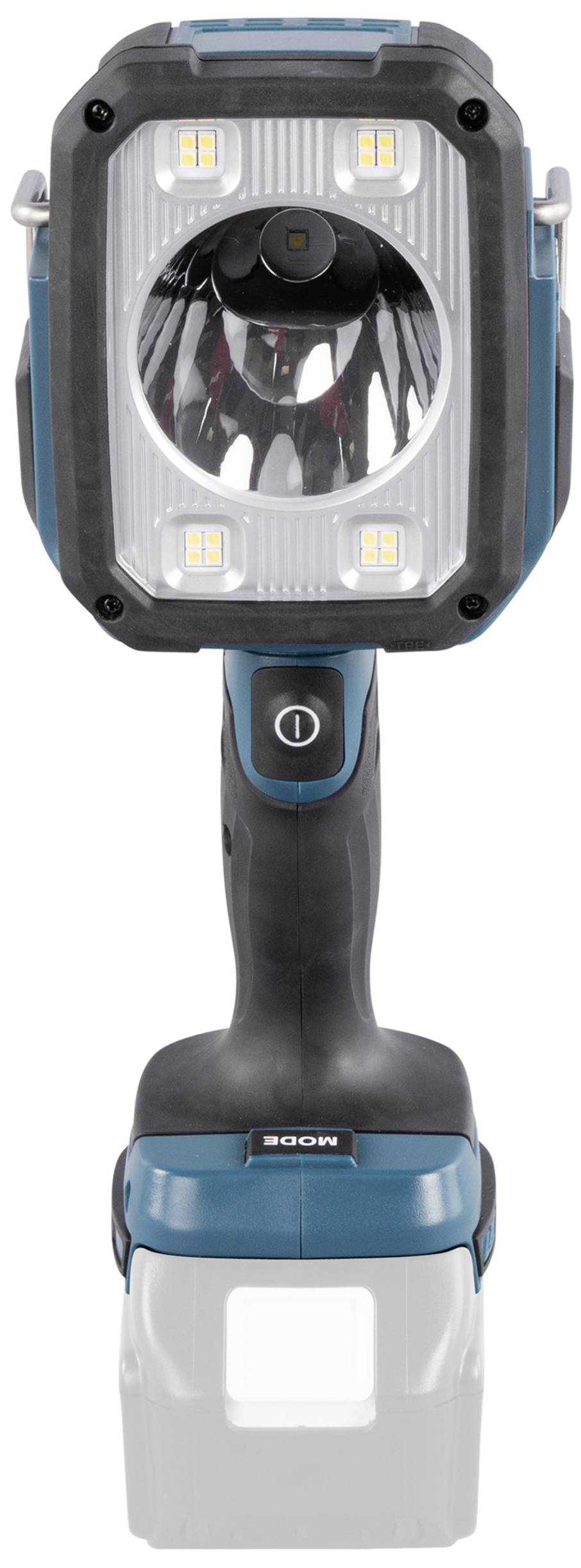 Handlampe mit robustem Gehäuse, vier kleinen LEDs um eine zentrale größere LED angeordnet. Ergonomischer Griff mit Druckschalter.