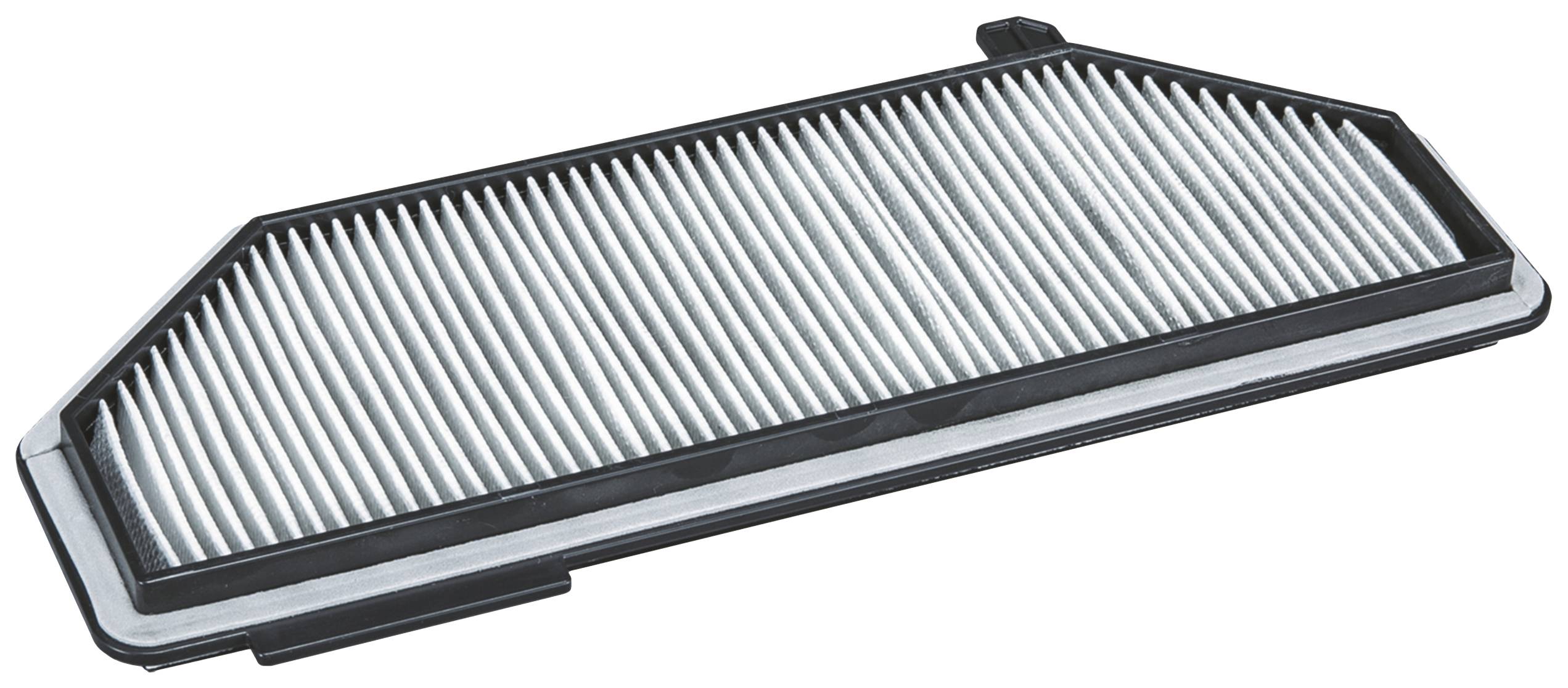 Ein rechteckiger Luftfilter mit einem schwarzen Rahmen und weißen, parallelen Falten.