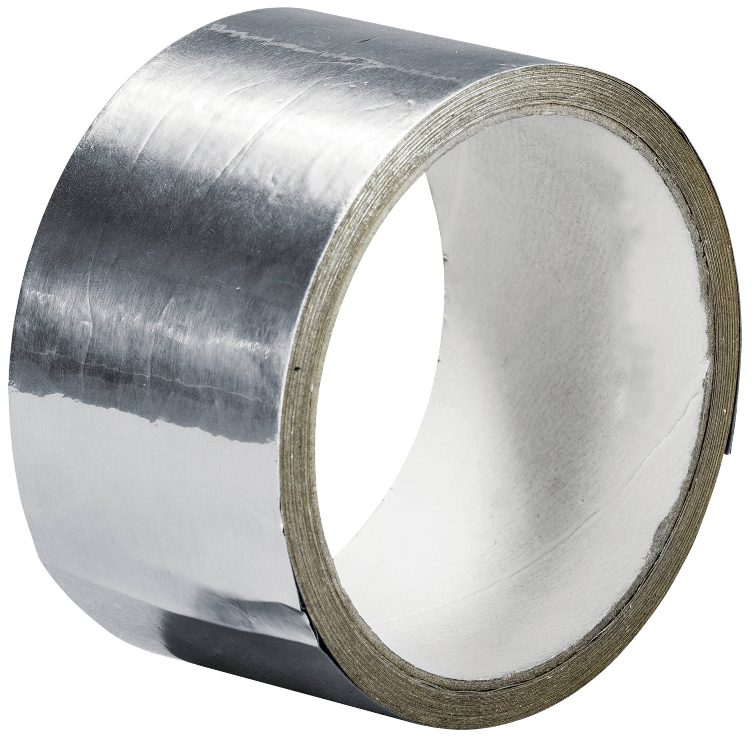 Eine Rolle silbernes Klebeband mit reflektierender Oberfläche, leicht schräg fotografiert, zeigt die glänzende Außenseite.