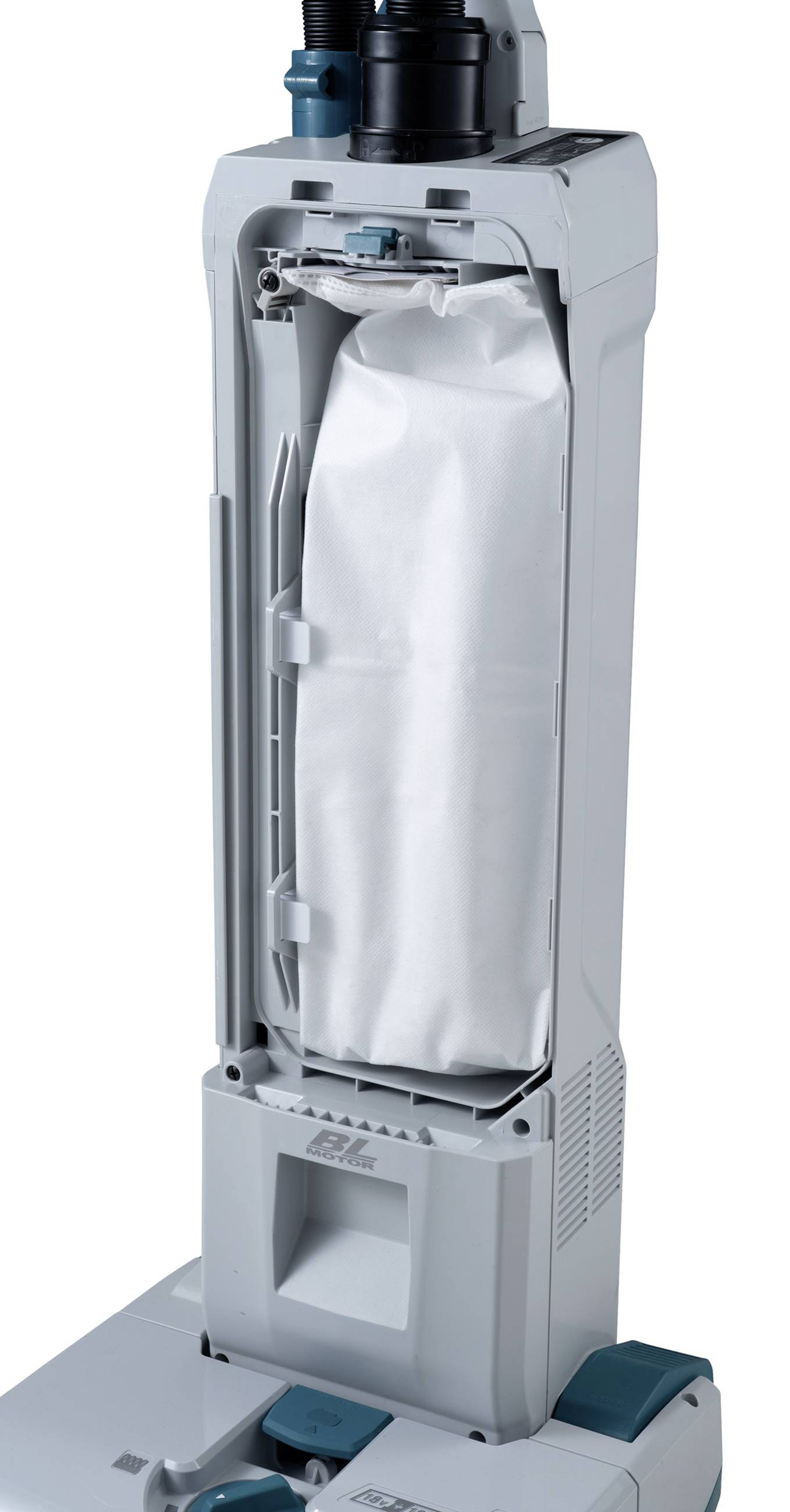 Industrieller Staubsauger mit geöffnetem Gehäuse zeigt Innenbeutel; geeignet für große Flächenreinigung in Gewerbegebäuden.