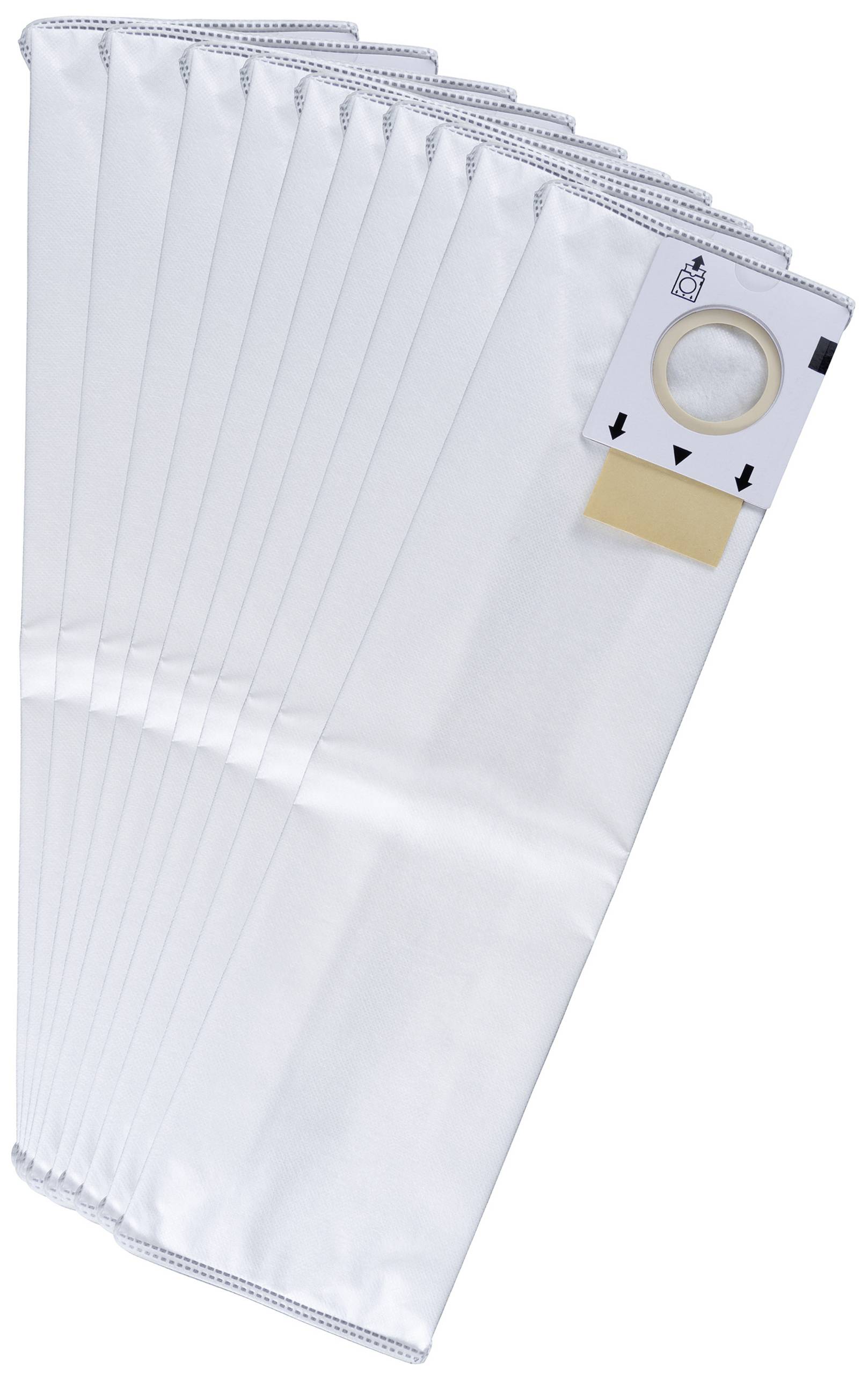 Staubsaugerbeutel aus weißem, mehrlagigem Material in Fächeroptik, oben mit Öffnung und Verschlussclip, für Filterwechsel.