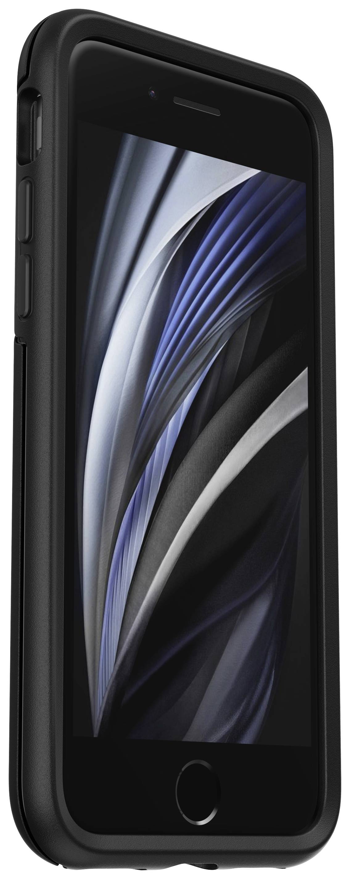 Schwarzes Smartphone mit abgerundeten Kanten und einem Bildschirm, der abstrakte schwarze und blaue Linien zeigt.
