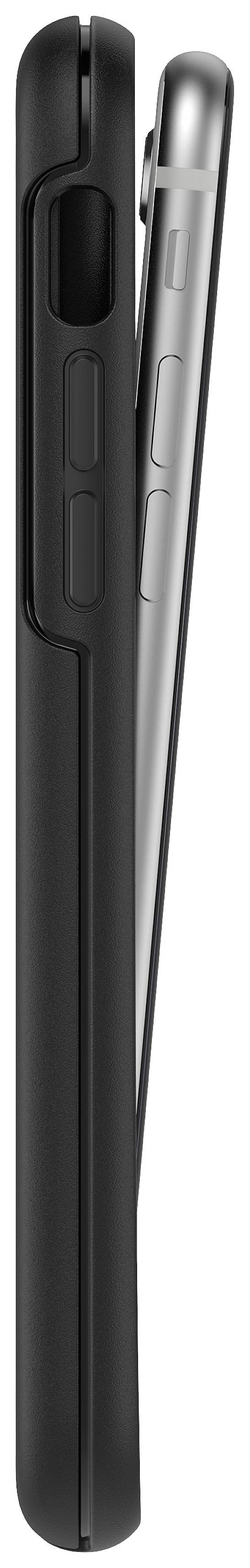 Ein schmales Smartphone in einem schwarzen Schutzetui. Seitenansicht zeigt Tasten und Kameraöffnung des Etuis.
