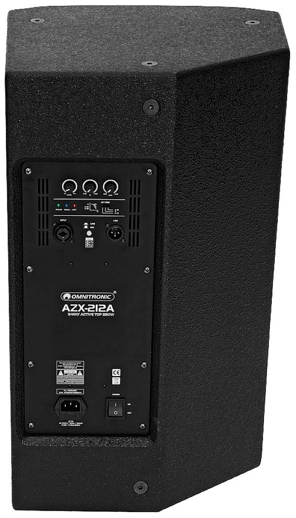 Schwarzer Lautsprecher mit mehreren Anschlussmöglichkeiten und Reglern auf der Rückseite, Marke 'Omnitronic', Modell 'AZX-212A'.