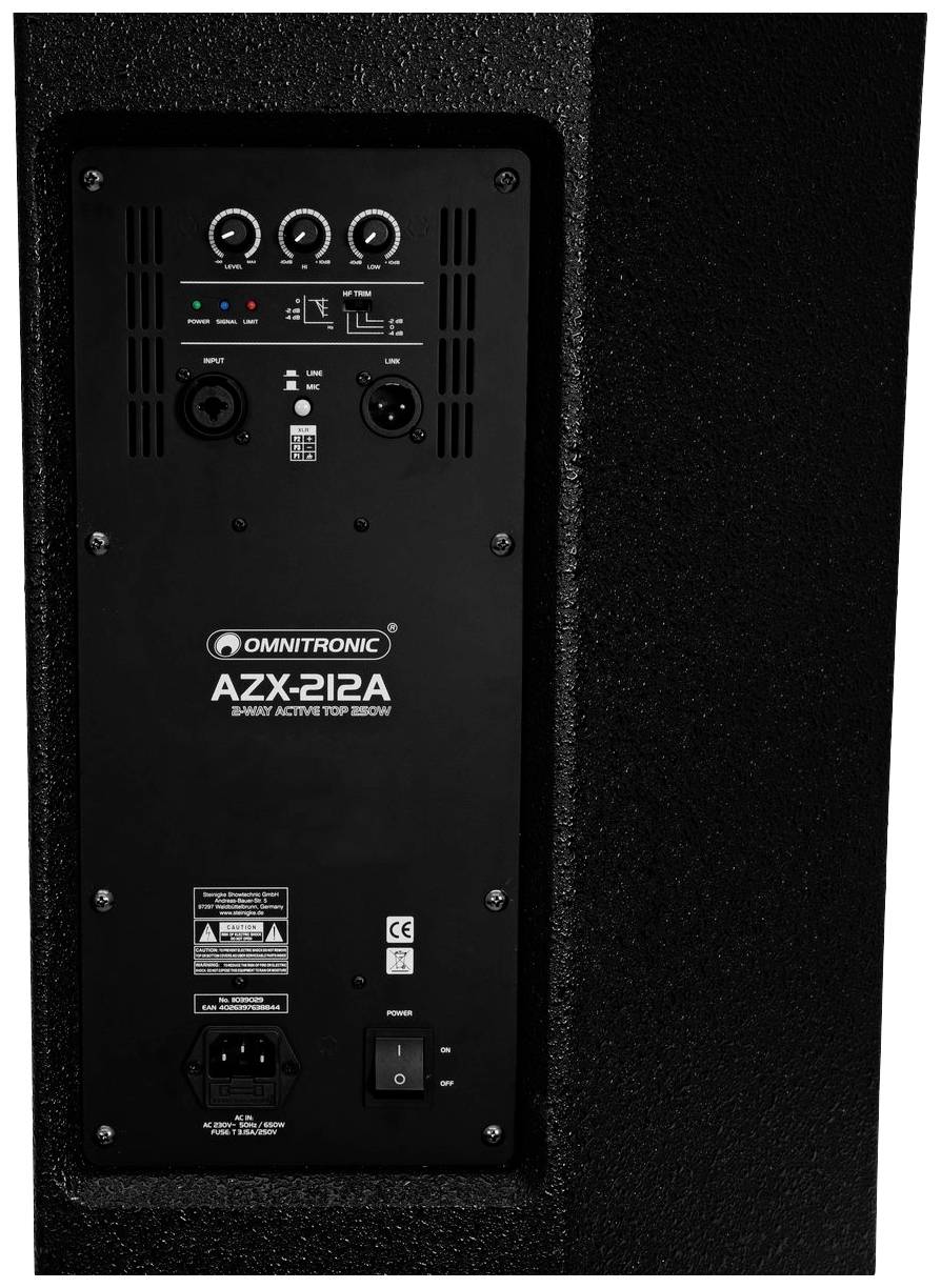 Rückseite eines Omnitronic AZX-212A Lautsprechers mit verschiedenen Anschlüssen und Reglern für Audioeinstellungen.