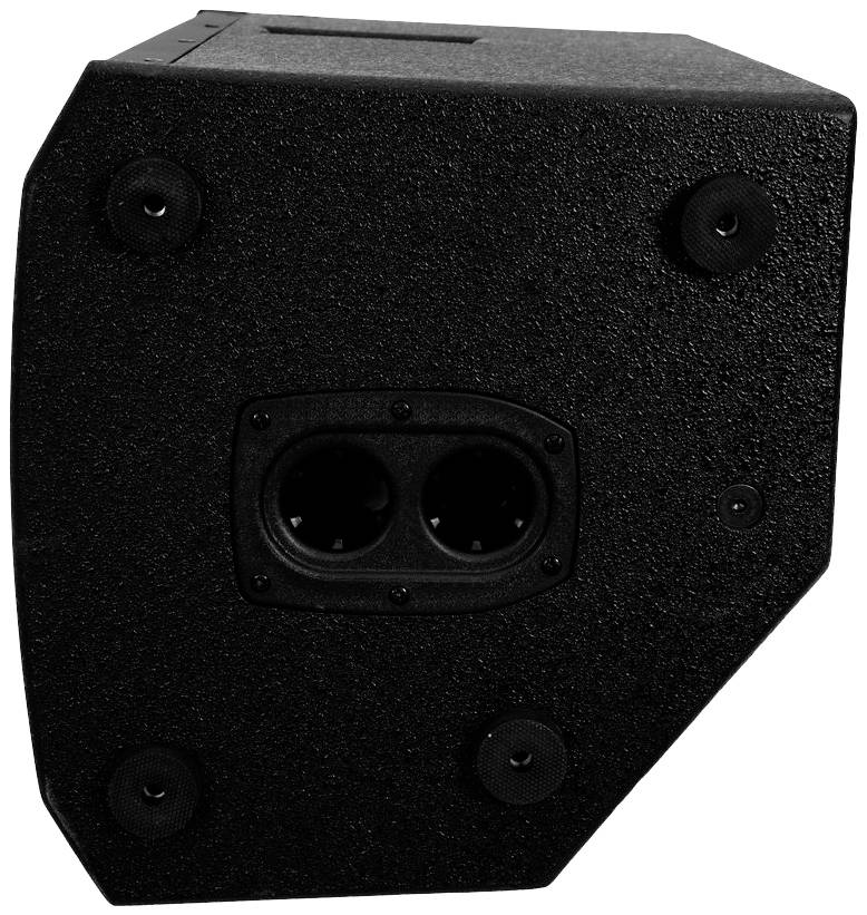 Ein schwarzer Lautsprecher mit vier sichtbaren Befestigungspunkten und zwei runden Anschlüssen in der Mitte ist zu sehen.