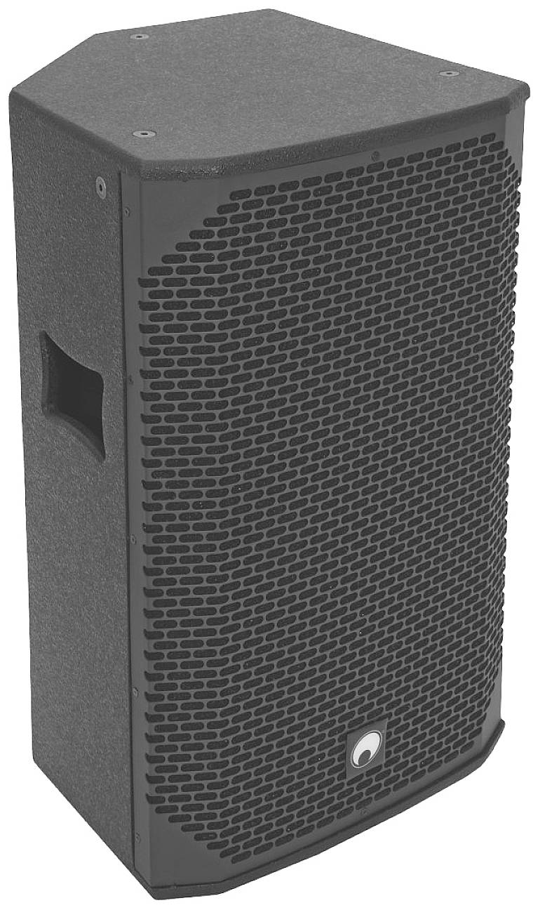 Lautsprecher in Schwarz mit rechteckiger Form und metallischem Gitter an der Vorderseite.