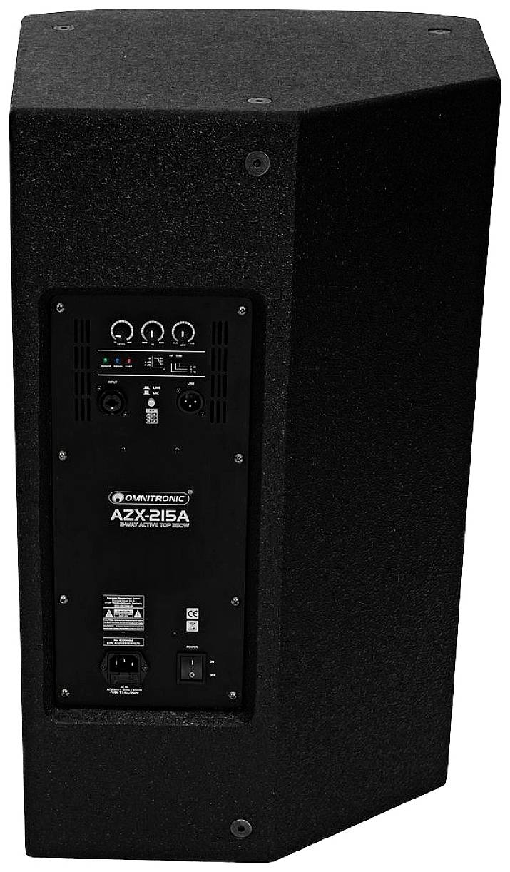 Schwarzer Lautsprecher mit Bedienfeld, Anschlüssen und Reglern für Lautstärke und Tonauswahl. Marke: Rhythonic AZX-215A.