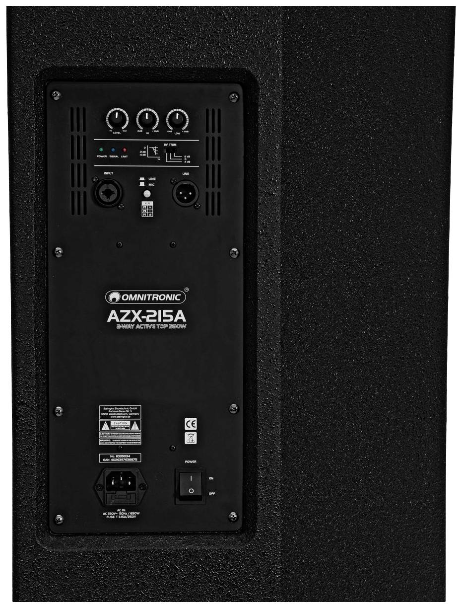 Rückseite eines schwarzen Lautsprechers mit mehreren Anschlüssen und Reglern. Marke: Omnitronic AZX-215A.