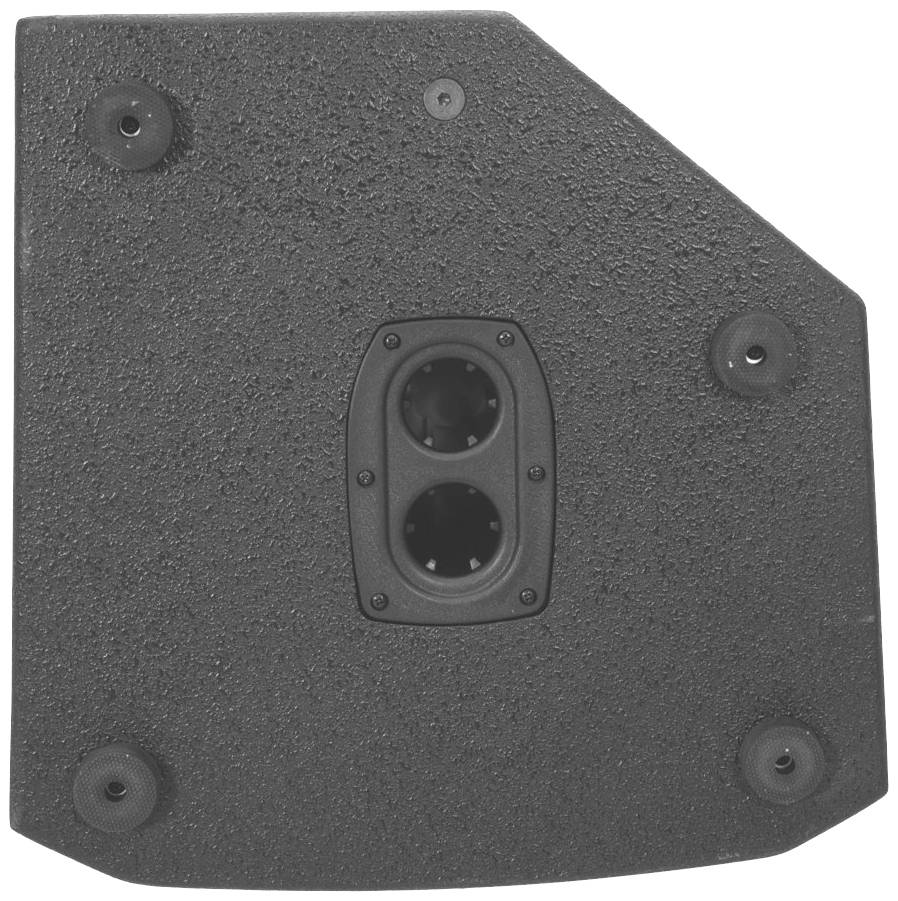 Ein grauer, quadratischer Lautsprecherständer mit rutschfesten Füßen und einem Griffbügel in der Mitte für einfache Mobilität.