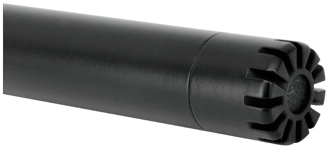 Ein schwarzes zylindrisches Bauteil mit geripptem Ende, möglicherweise ein technisches Gerät oder Bestandteil eines Werkzeugs.