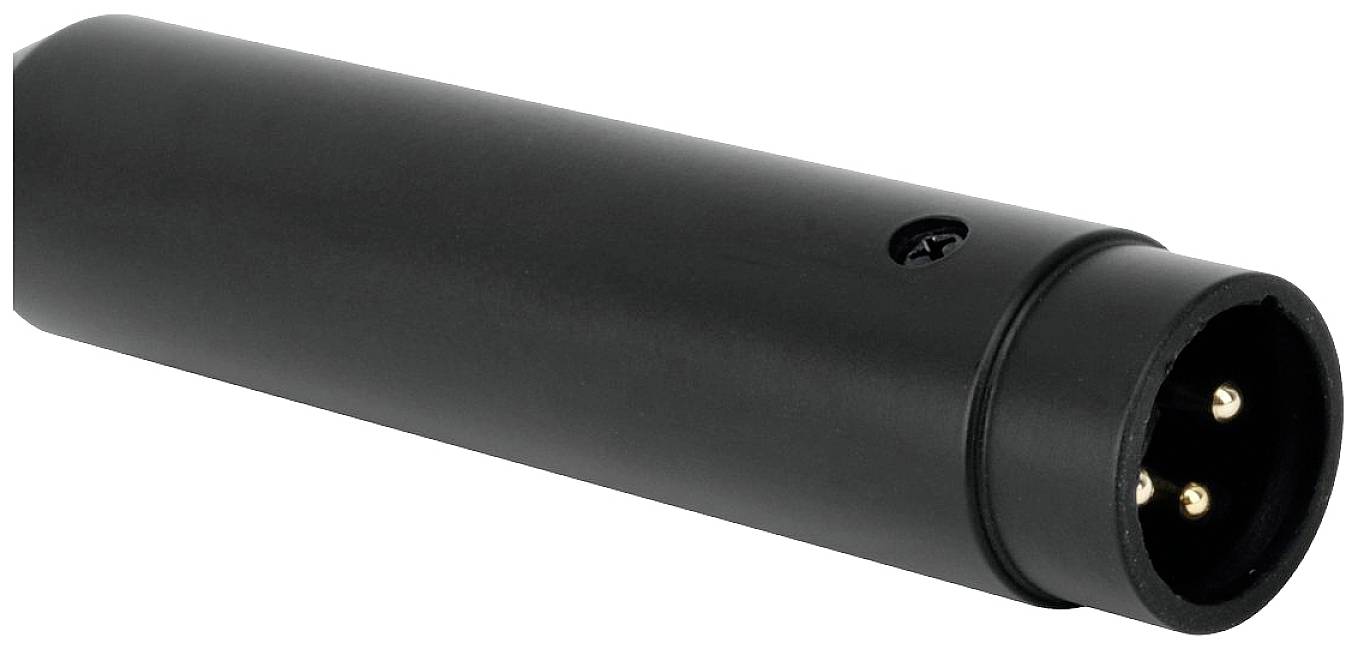 Schwarzer XLR-Stecker mit drei Metallstiften, seitliche Schraube sichtbar, verwendet für Audioverbindungen.