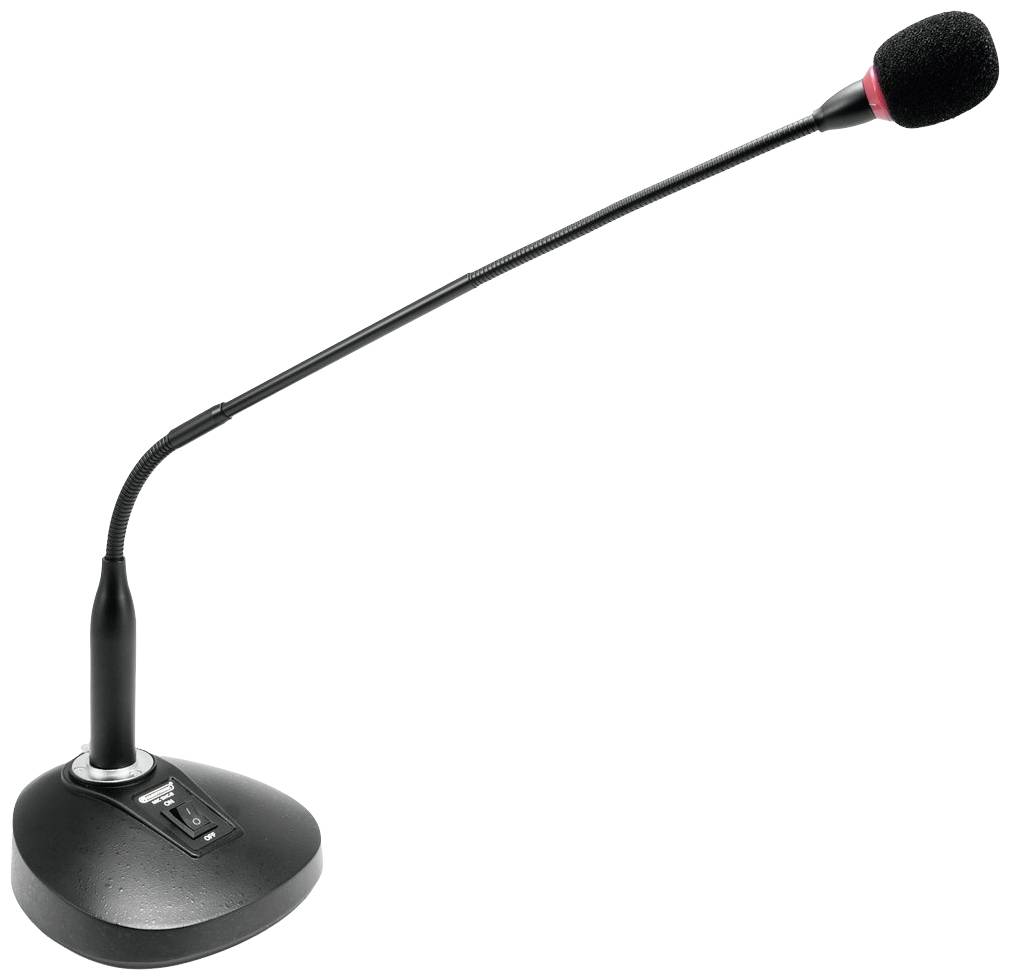 Ein schwarzes Tischmikrofon mit flexiblem Schwanenhals und roter Markierung am Mikrofonkopf, geeignet für Reden oder Präsentationen.
